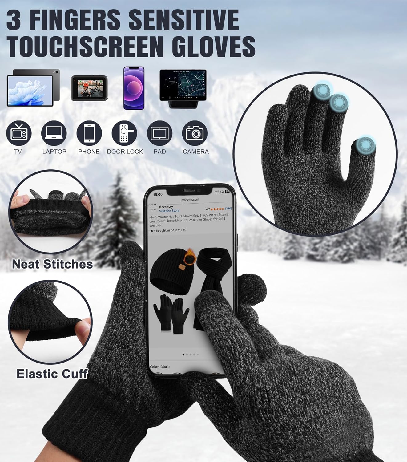 Men's Scarf Hats Gloves Sets Winter Gifts, 3 PCS Fleece Lined Beanie Warm Long Scarves for Cold Weather Christmas - Image 3