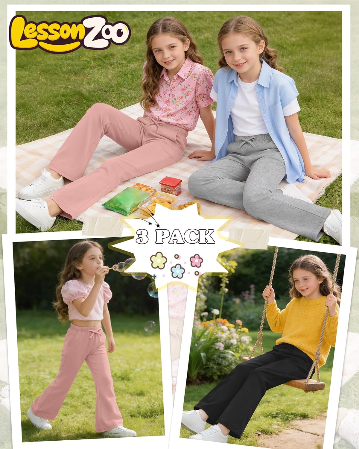 3 Pack Girls Sweatpants Flare Wide Leg Drawstring Casual Kids Pants Bell Bottom Loose Teen Leggings with Pockets