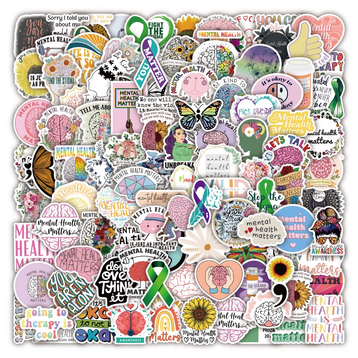 100 Pcs Mental Health Stickers Laptop Car Scrapbook Phone Skateboard Bike Travel Case Mental Health Awareness Stickers Vinyl Waterproof Aesthetic Personalised Stickers for Teens Boys Girls Adults