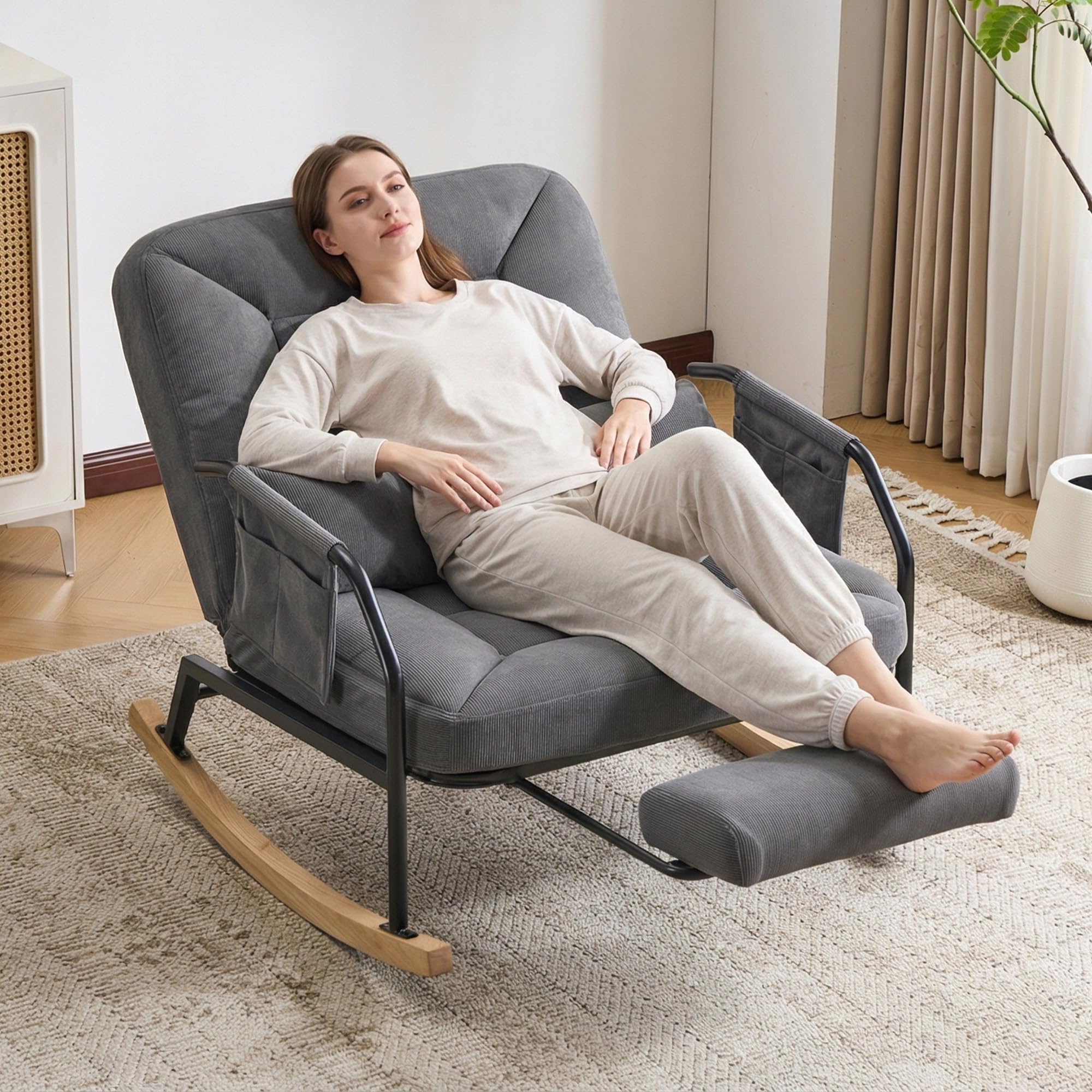 Mecedora Glider con reposapiés, cojín acolchado, respaldo ajustable, interior/exterior, salón, dormitorio, balcón, porche, pana, gris