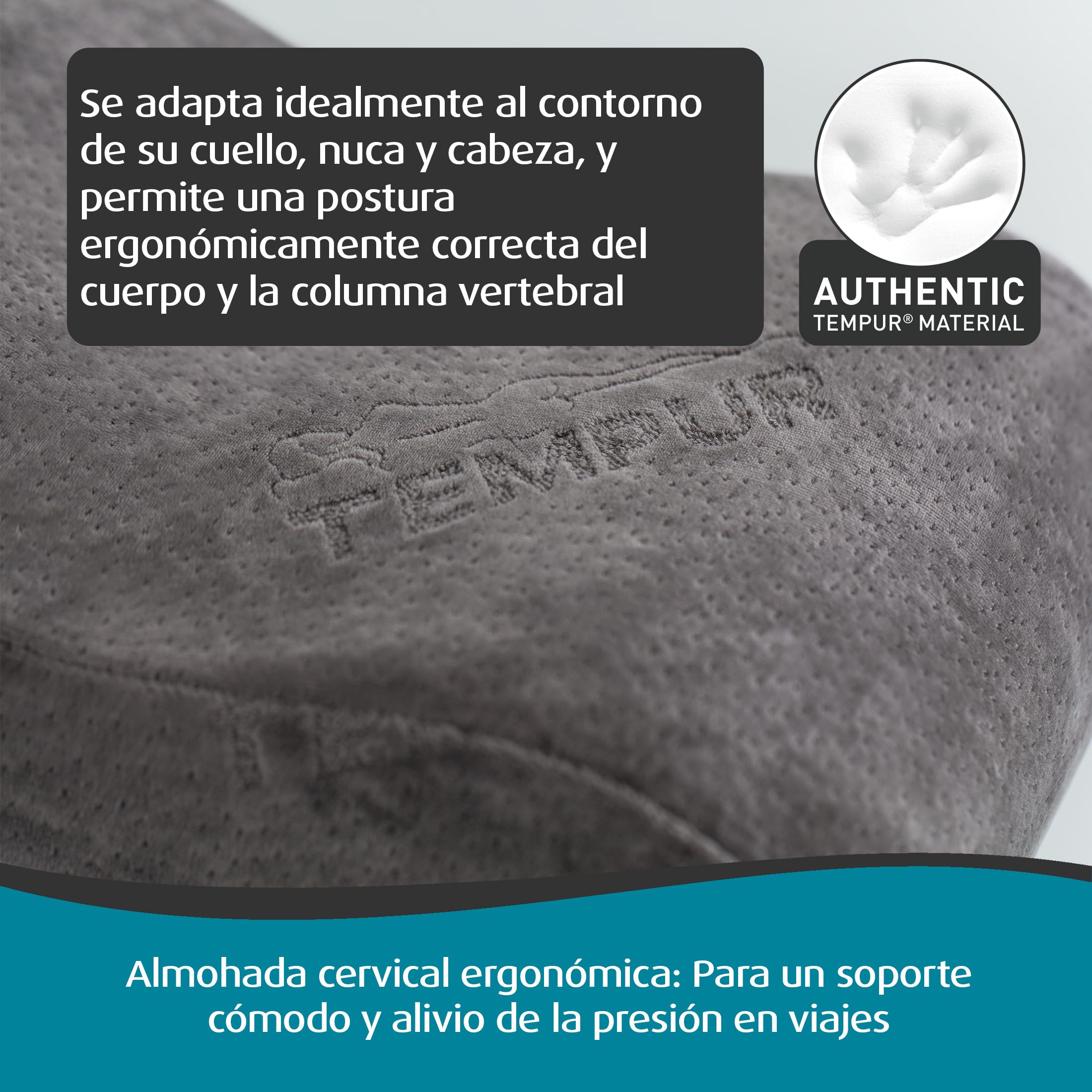 TEMPUR Almohada de Viaje ergonómica, viscoelástico, 25 x 31 x 10/7 cm | Almohada cervical de viaje TEMPUR con bolsa de transporte incluida, antracita