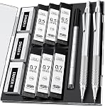 Four Candies Mechanical Pencils Set, 2Pcs Silver Metal Pencils Set with 360PCS HB Lead, 3 Erasers,9 Eraser Artist Pencils with Case for Drawing Sketching(0.5 & 0.7 mm)