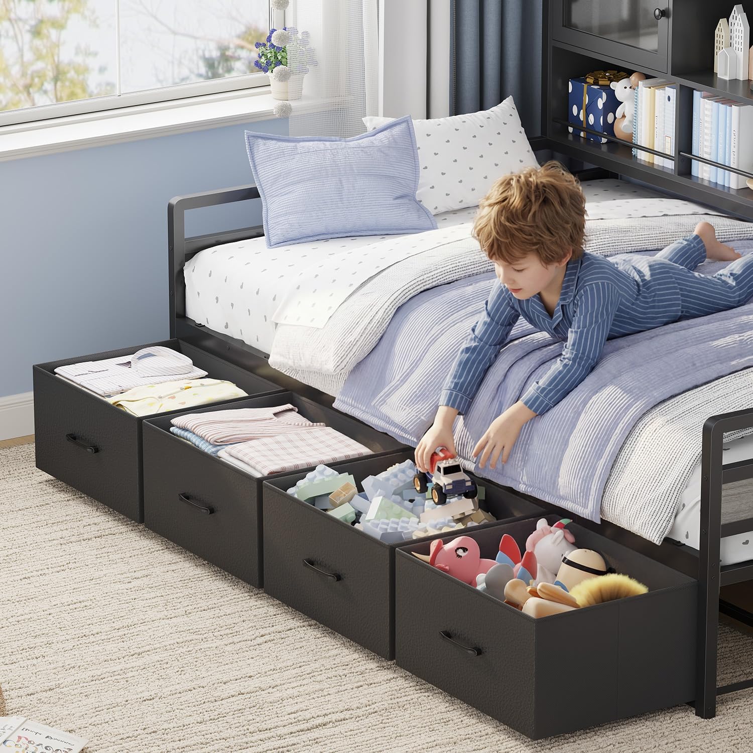 Daybed with a tall bookshelf featuring open shelves and two compartments with transparent doors, filled with books and decorations