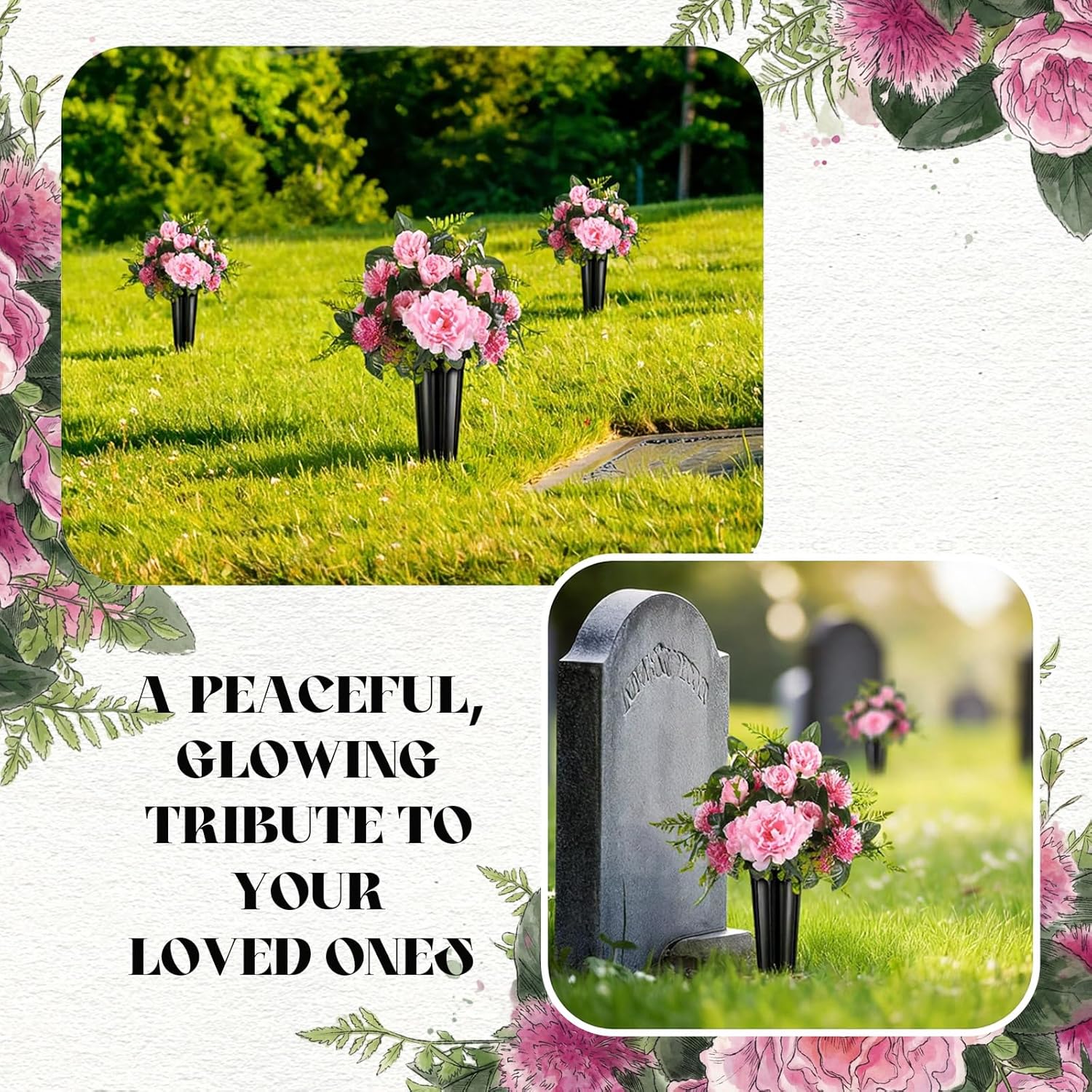 4 Set 8 Pcs Artificial Cemetery Peony Flowers with Vase for Grave Artificial Peony Bouquet Memorial Day Funeral Gravesite Flowers for Outdoor Cemetery Headstones Gravesites Lawn Yard, Pink