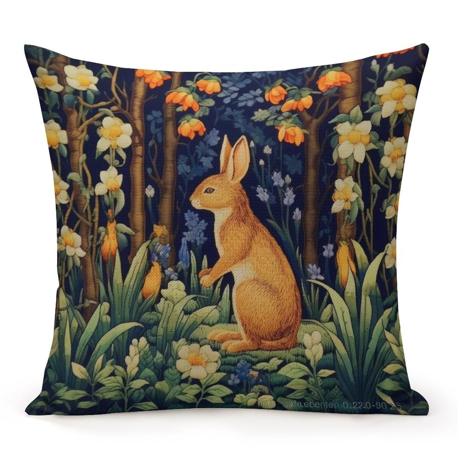 rameoti Art Nouveau Rabbit in The Garden Decorative Throw Pillow Covers William Morris Forest Rabbit Retro Pillowcase for Home Bedroom Office 22" Square with Hidden Zipper Thanksgiving Decorations
