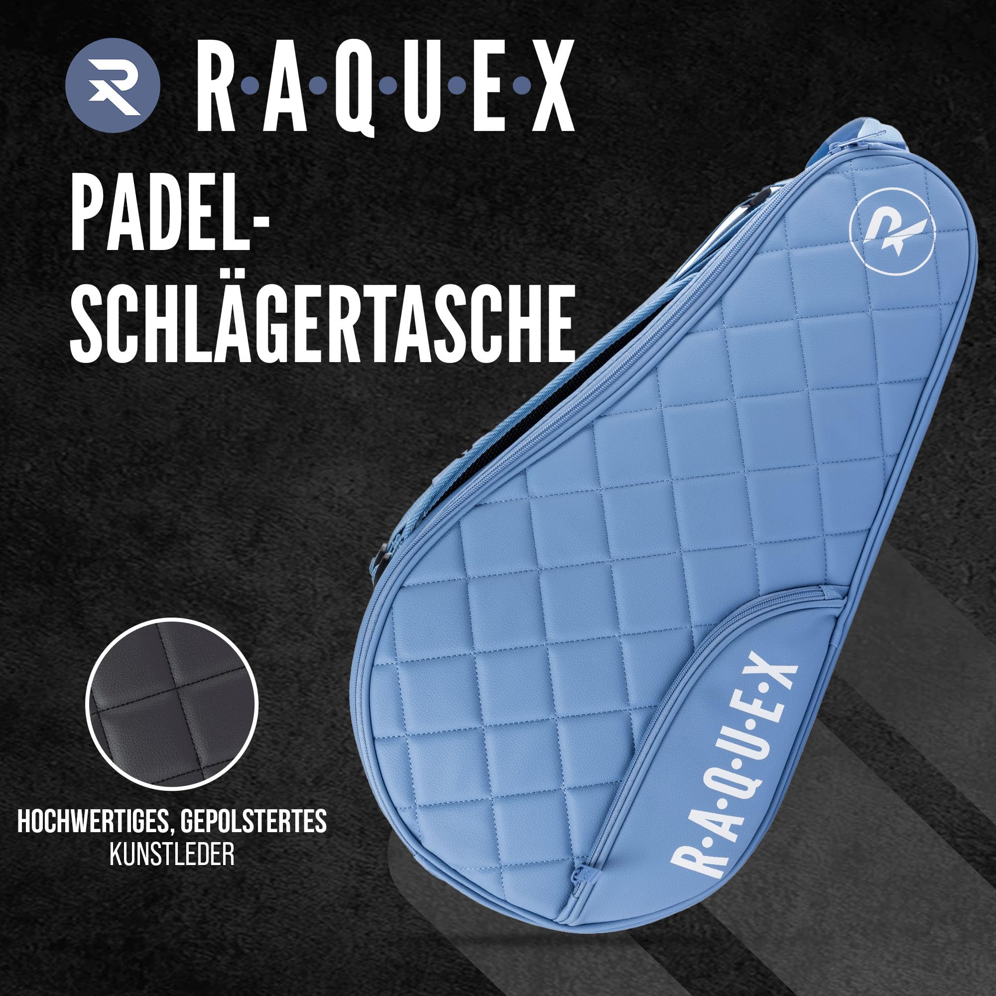 Raquex Elite gesteppte Padelschlägertasche (bis zu 4 Schläger) – Blau oder Schwarz – Padeltasche aus Kunstleder für Herren und Damen. Gepolsterte Padelschläger-Schutztasche – luxuriöses Padel-Geschenk