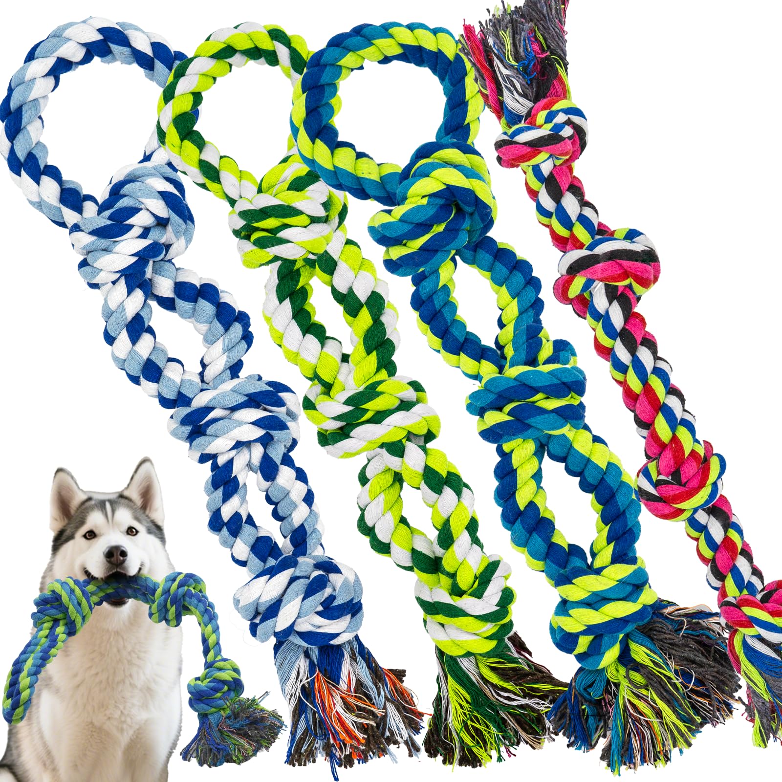 [4 Pack] Dog Rope Toys for Aggressive Chewers, Nearly Indestructible Tug of War Toys for Large & Medium Dogs, 100% Cotton, Teeth Cleaning Chew Rope, Heavy Duty Tug of War Dog Toy for Boredom