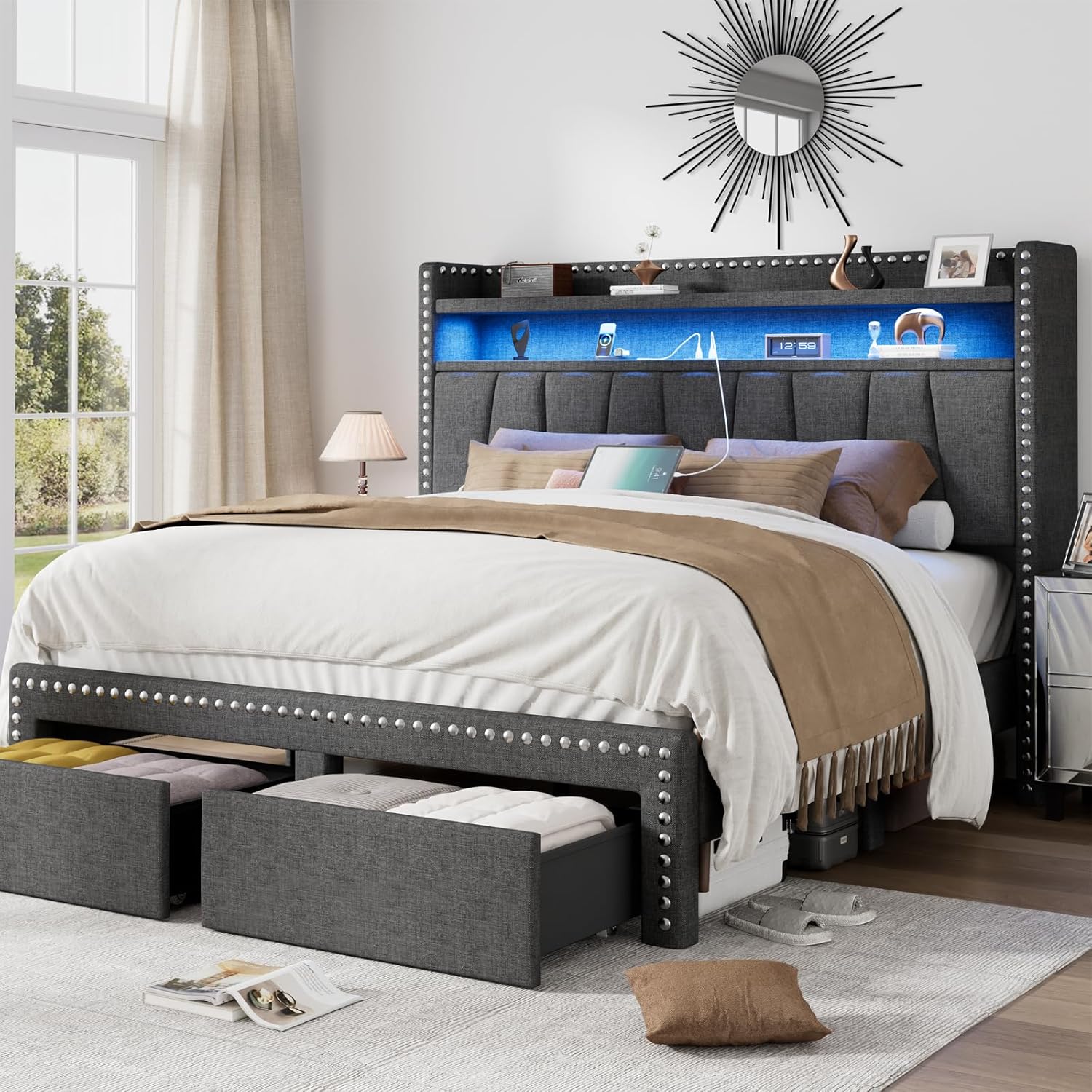 CIKUNASI Queen Size Bed Frame with Storage Headboard and Drawers Modern Rivets Upholstered Bed Frame with LED Charging Station Queen Bedframe No Box Spring Needed