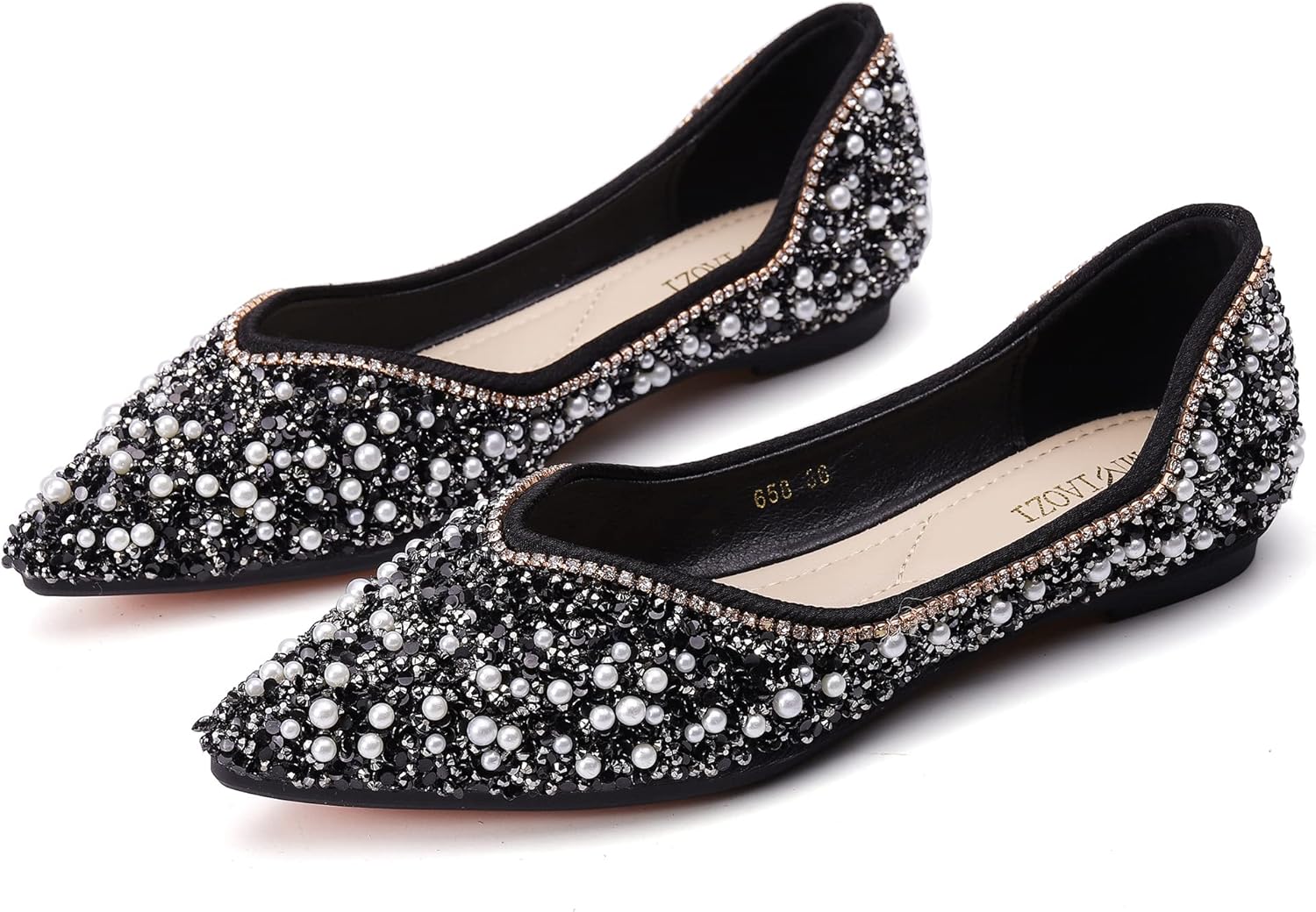 Women's Rhinestone Flats Fashion Pointed Toe Pearl Diamond Low Heel Dress Wedding Flats Work Business Dance Ballet Flats - Image 4