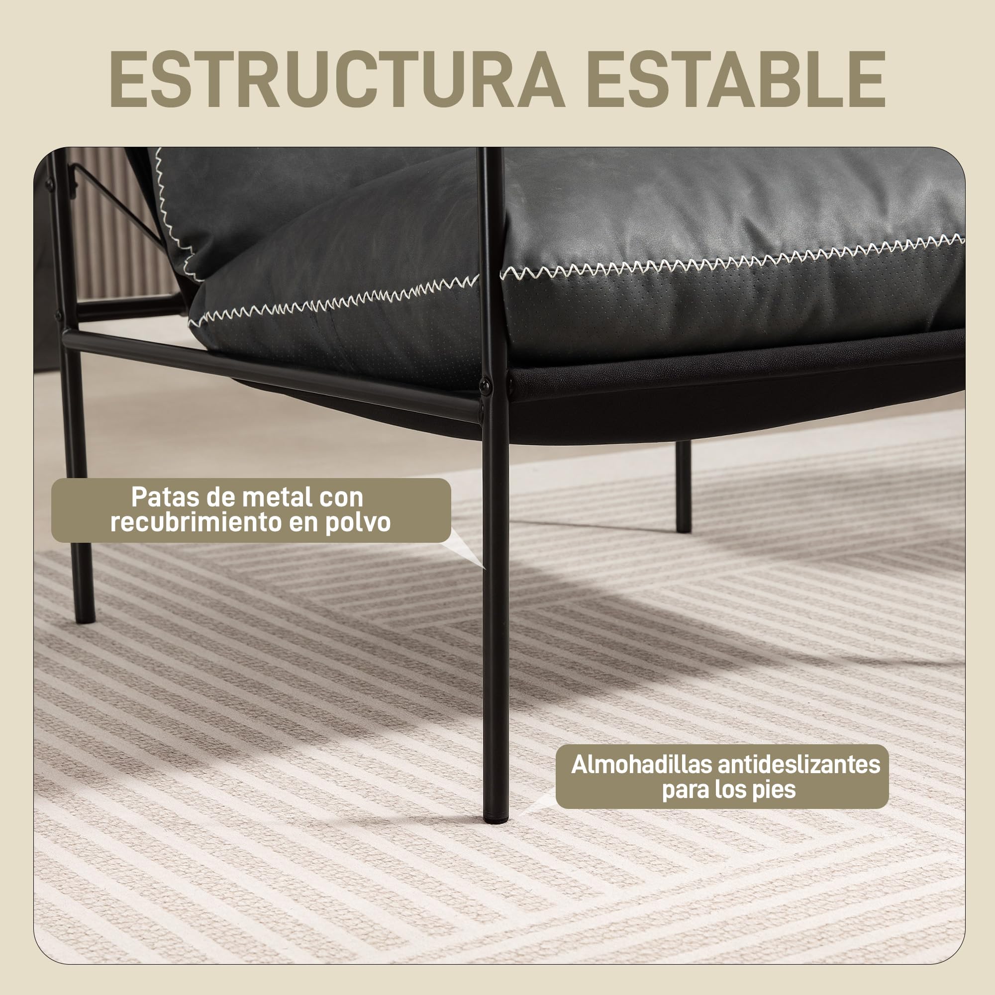 HOMCOM Butaca de Salón Moderna, Sillón de Lectura Tapizado en Cuero Sintético, Fundas de Cojines Extraíbles, Acolchado Grueso, Patas de Metal, para Dormitorio, Oficina, Gris Carbón