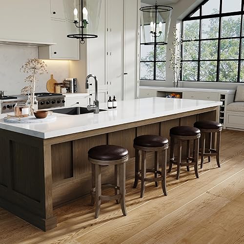 Miniatura 20 de Maven Lane Taburete giratorio de Eva de 26 pulgadas sin respaldo – Taburete de madera de altura de mostrador con asiento redondo tapizado y detalles