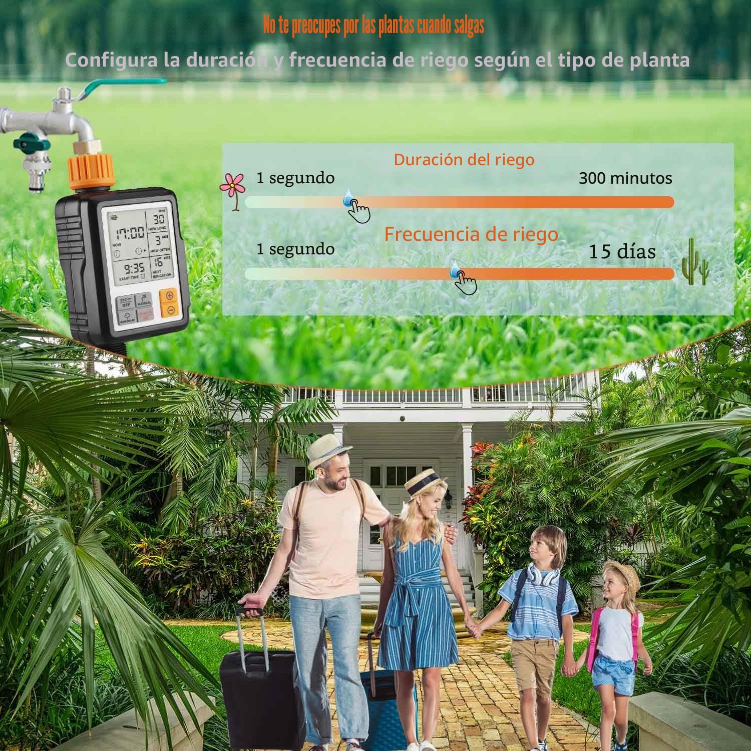Johgee Temporizador de Riego Automatico Jardín, El Acoplamiento de Grifo de Agua ½ y ¾ Son Aplicables, Programa de Memoria Permanente, Programador de Riego Automático con Pantalla 3 ” LCD