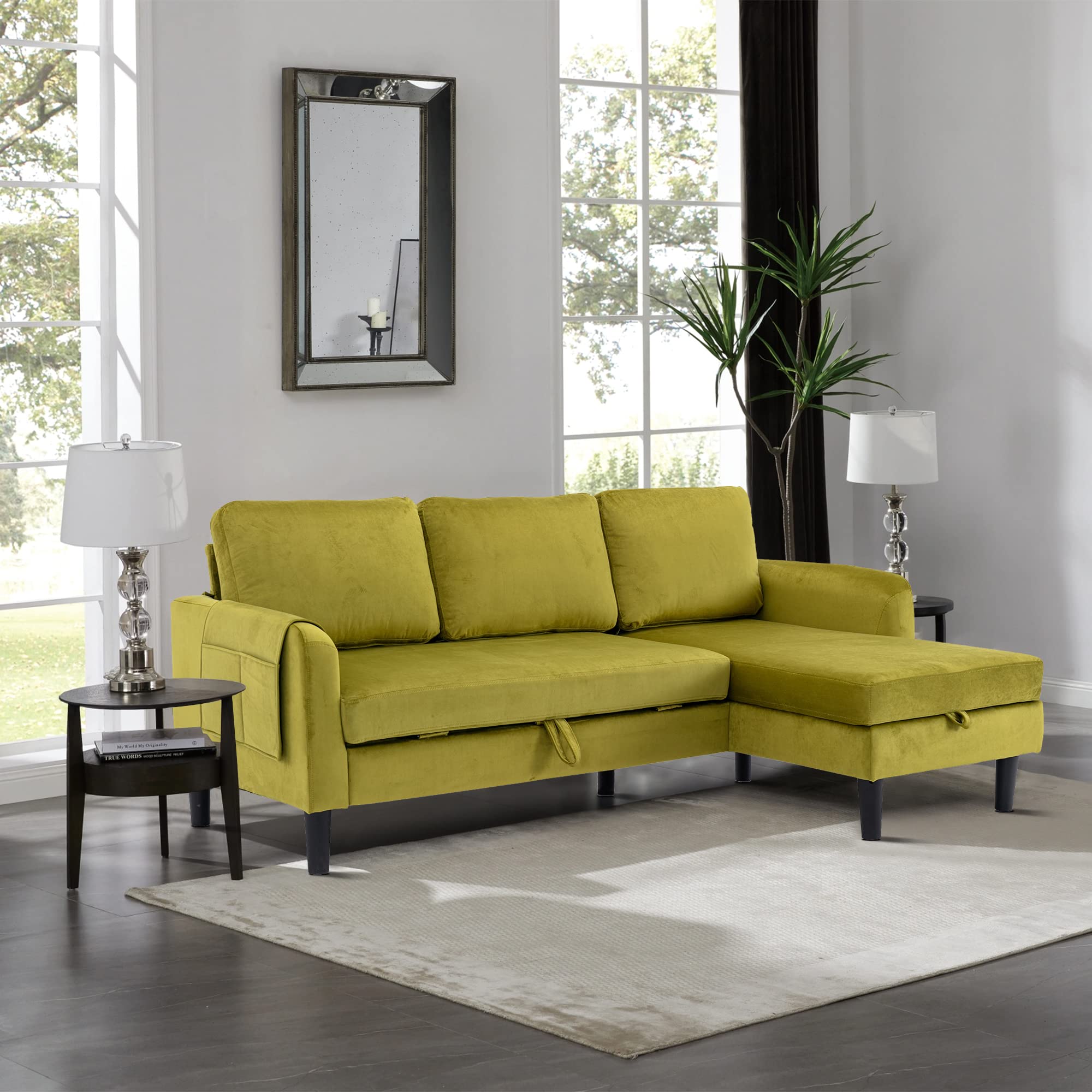 PEIHONGET Sleeper Sectional Sofa, 72.44" Velvet L-Shape 3 Seat with Pull Out Bed, Sectional Sofa Couch with Storage Chaise Living Room Bedroom Apartment(Olive)