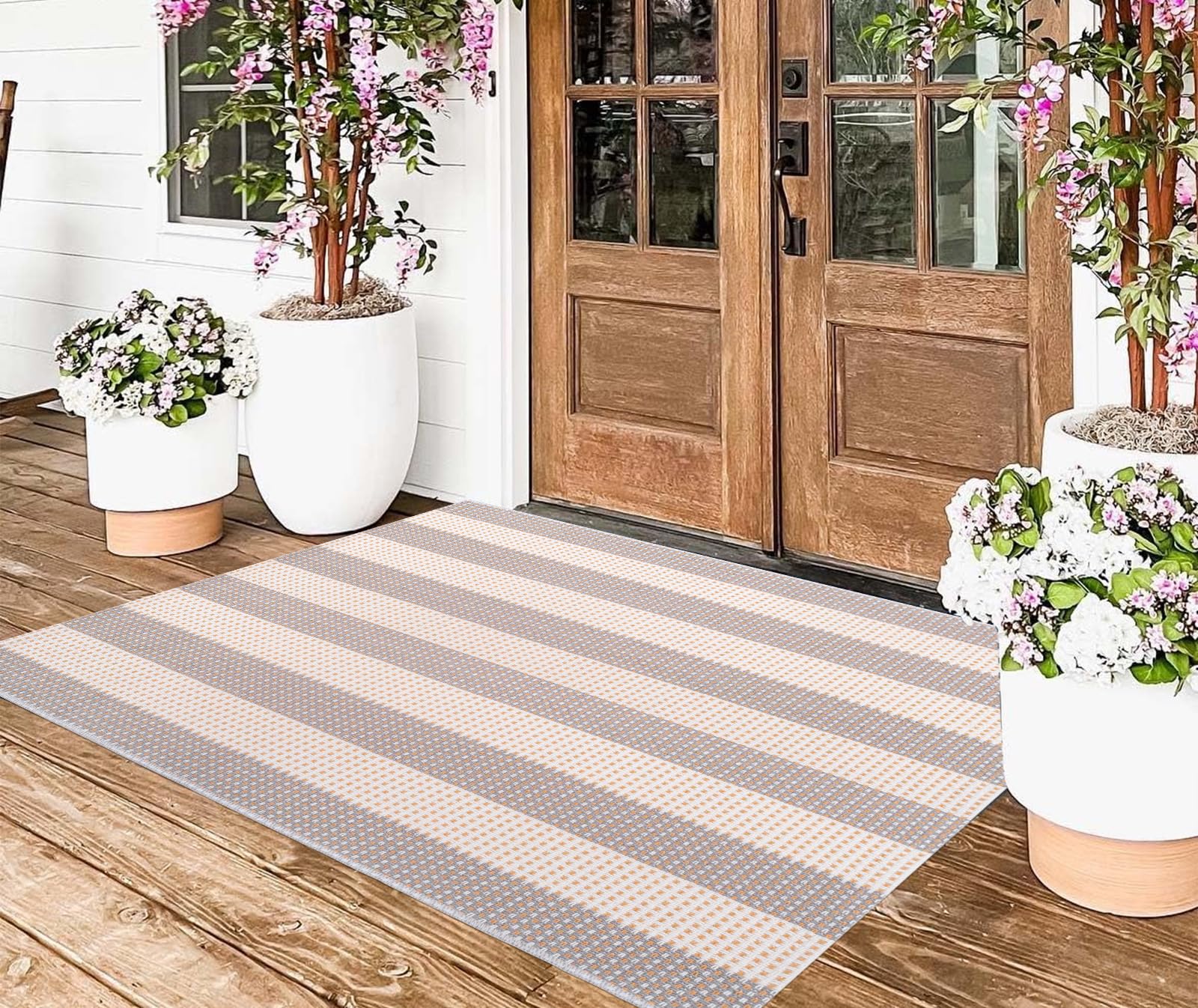 Tapis Generic Gris et Blanc à Rayures, tissé à la Main en Coton, 90 x 150