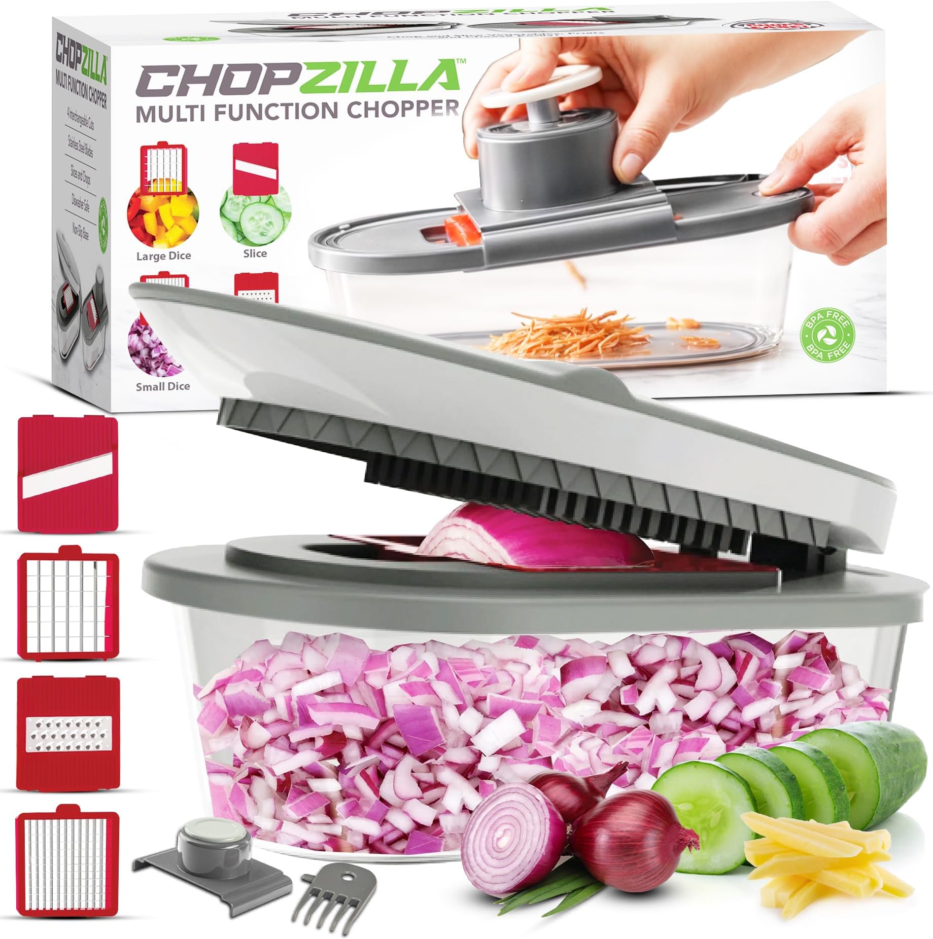 CHOPZILLA Vegetable Chopper and Mandoline Slicer for Kitchen with 4 Blades, Scraper and Container, ALL in 1 Sharp Veggie Chopper Vegetable Cutter, French Fry Cutter, Onion, Fruit, Salad, Potato