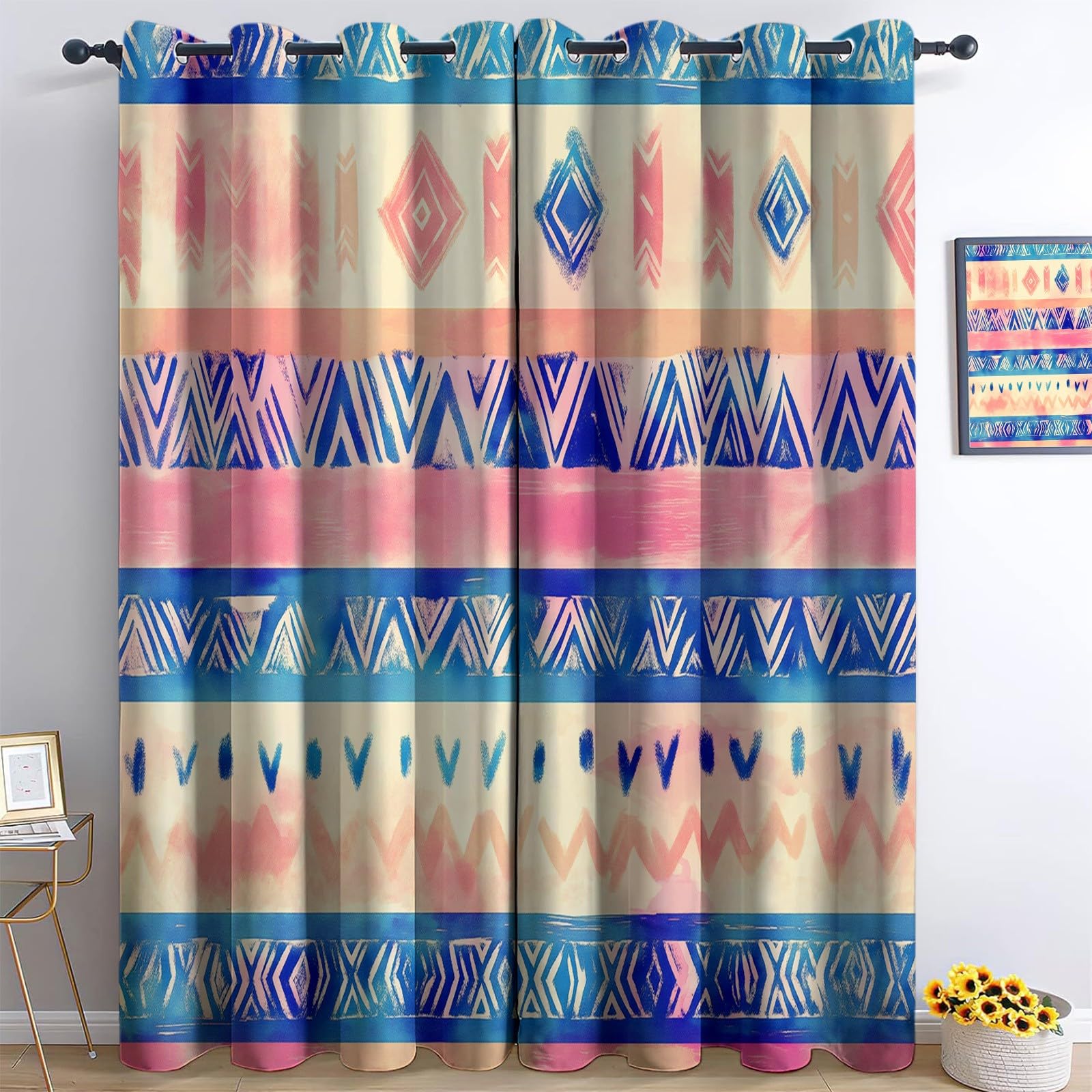 Izolowana termicznie zasłona zaciemniająca z oczkami 220 x 215 cm Bohemian Geometryczne wzory plemienne Anty Hałas Dekoracja zasłony do sypialni salonu, beżowa