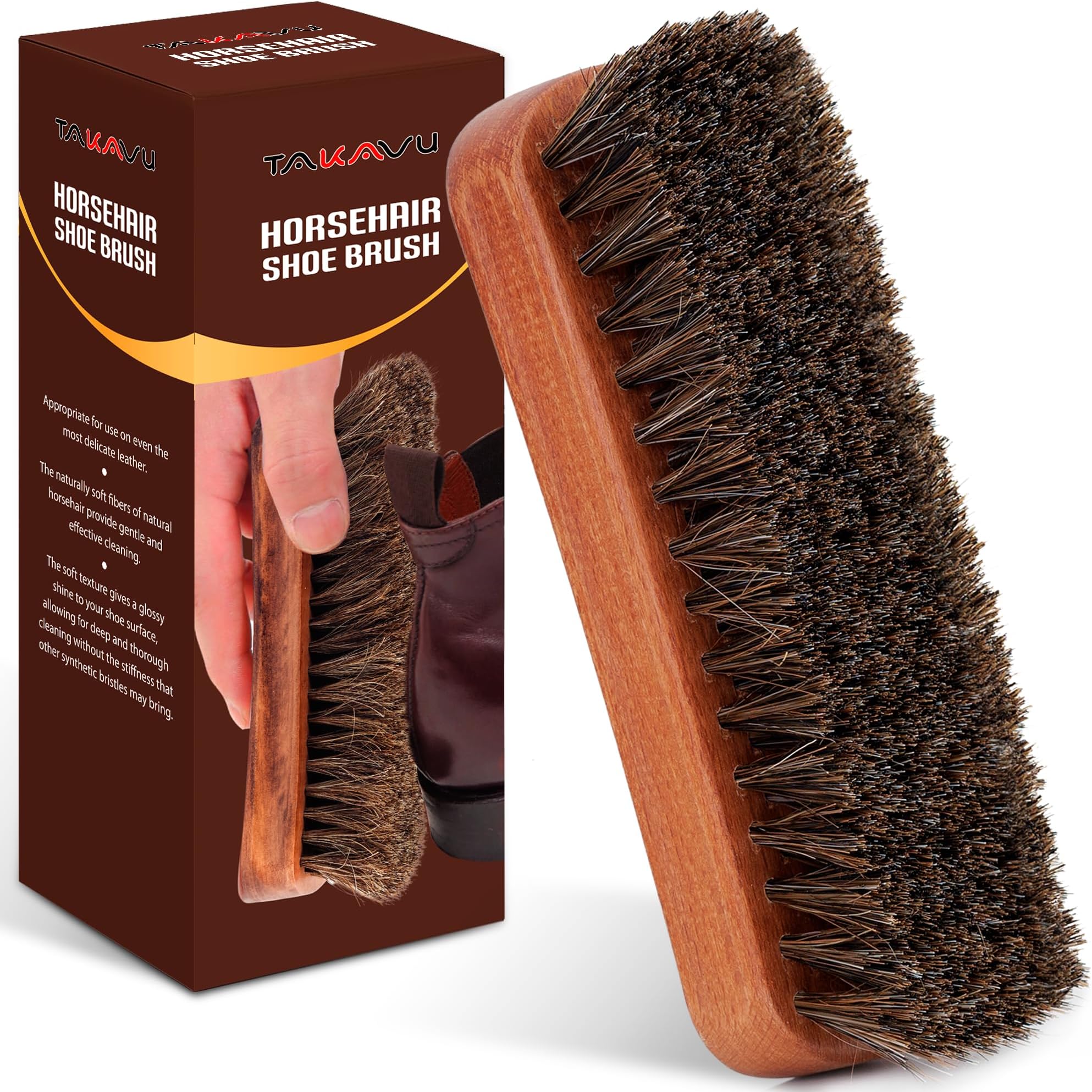 6.7" Horsehair Shoe Shine Brush - 100% Soft Genuine Horse Hair Bristles - Unique Concave Design Wood Handle - Comfortable Grip, Anti Slip - for Boots, Shoes & Other Leather Care (#1)