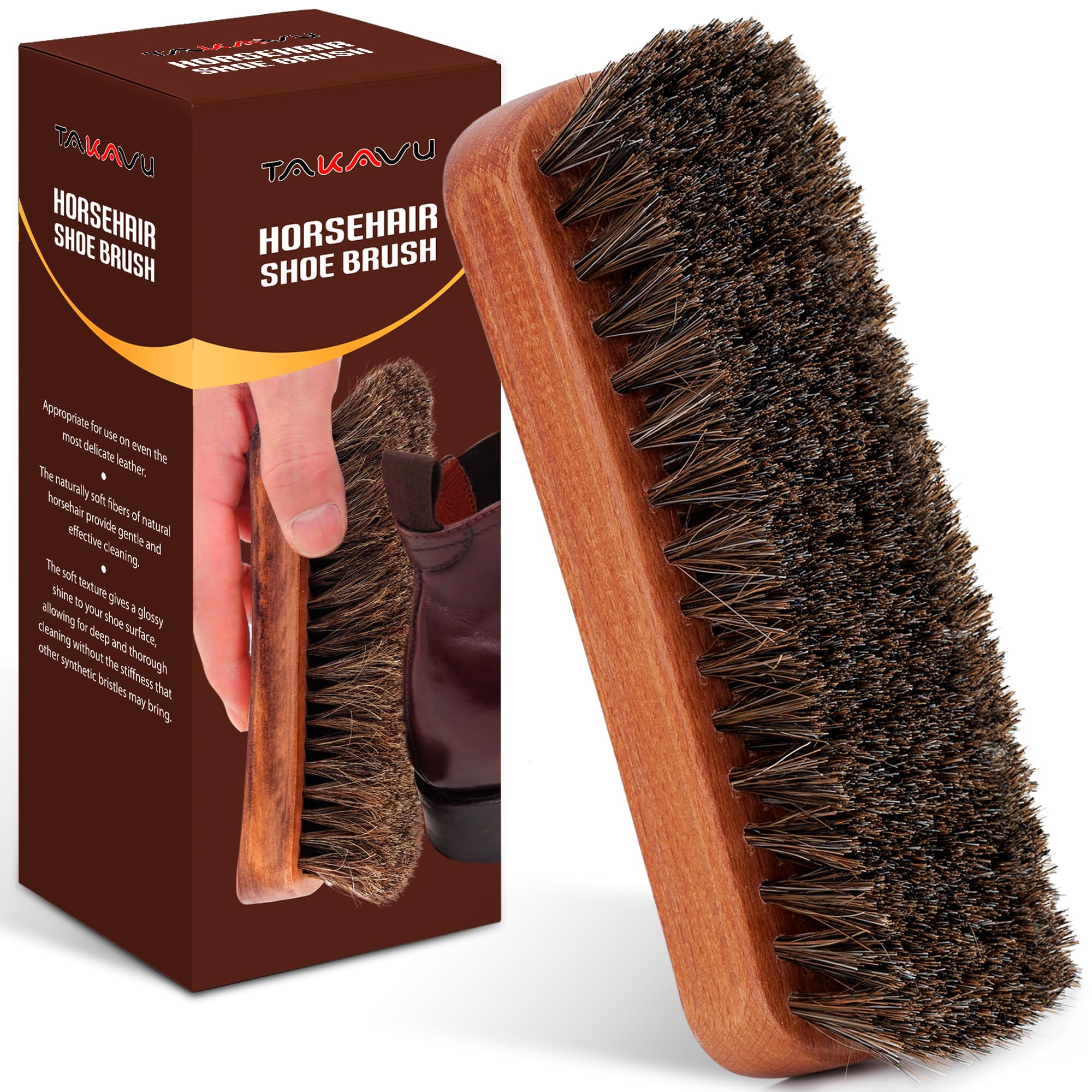 6.7" Horsehair Shoe Shine Brush - 100% Soft Genuine Horse Hair Bristles - Unique Concave Design Wood Handle - Comfortable Grip, Anti Slip - for Boots, Shoes & Other Leather Care (#1)