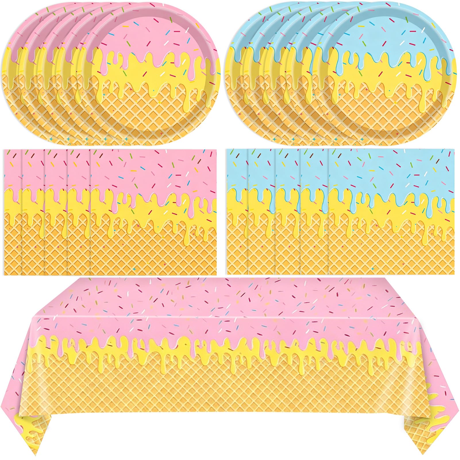 Ice Cream Party Decorations 41Pcs Ice Cream Birthday Party Dessert Plates Napkins and Tablecloth Kit Summer Party Supplies for Kids Birthday, Baby Shower, Candyland Party Decorations