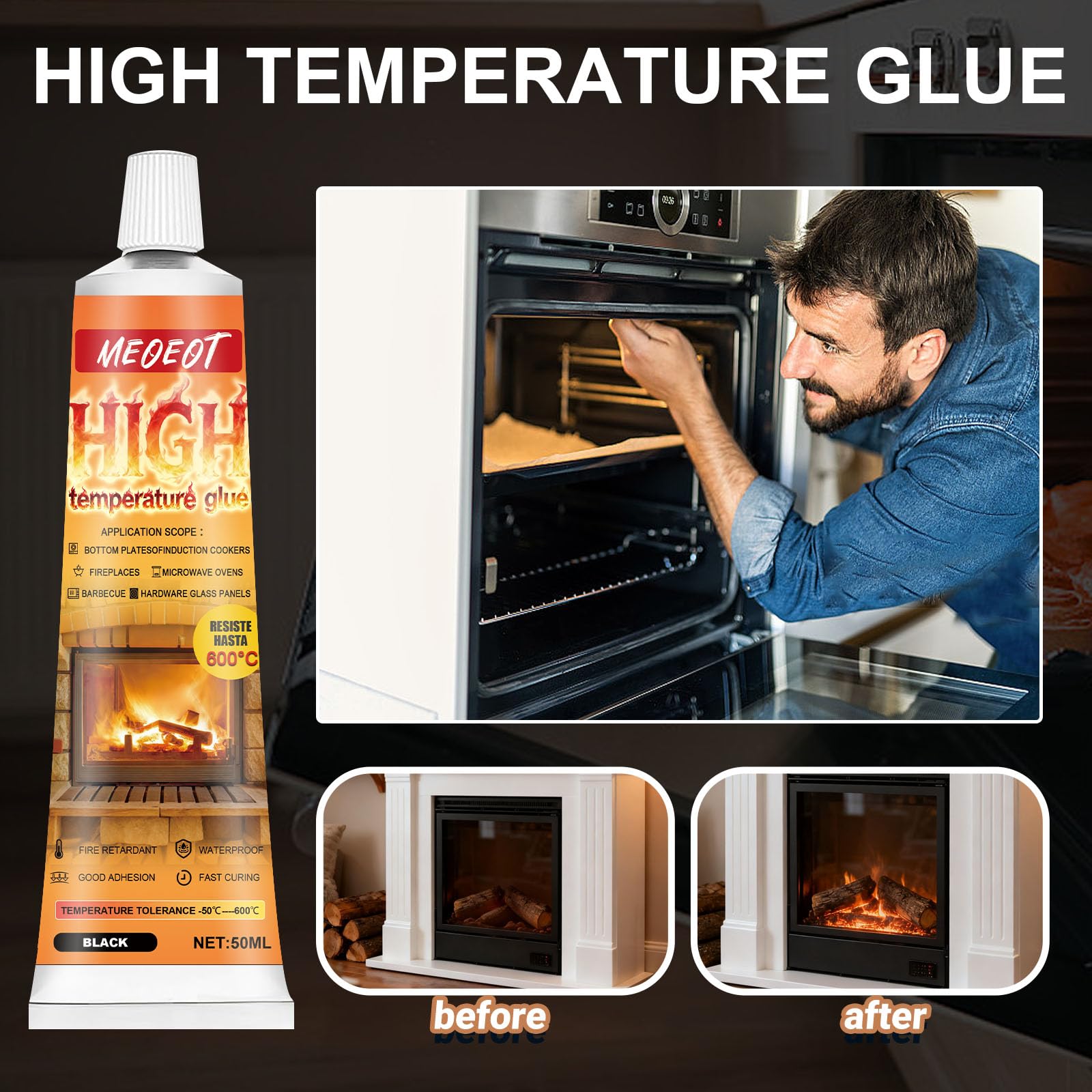 Colla Alte Temperature, 100ML Silicone Alta Temperature, Sigillante Alte Temperature, Nero Adesivo Resistente al Calore Fino a 600°C, Adatto per Sigillatura ad Alta Caminetti, Stufe, Forni