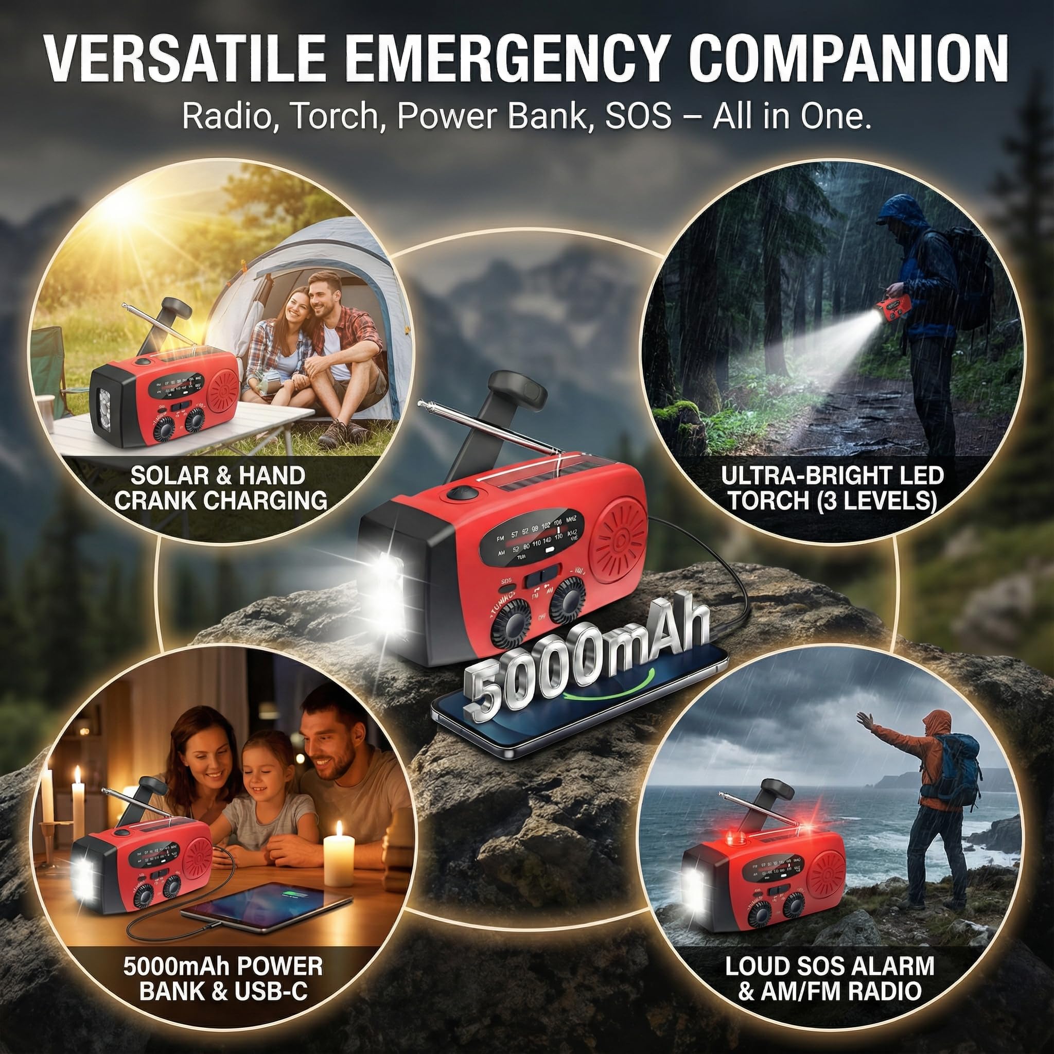 Radio Solar de Emergencia 5000mAh, ZDAGELD Radio Manivela Am/FM, Portátil Power Bank con Linterna LED, USB-C, SOS, Equipo de Supervivencia para Camping, Senderismo y Cortes de Luz
