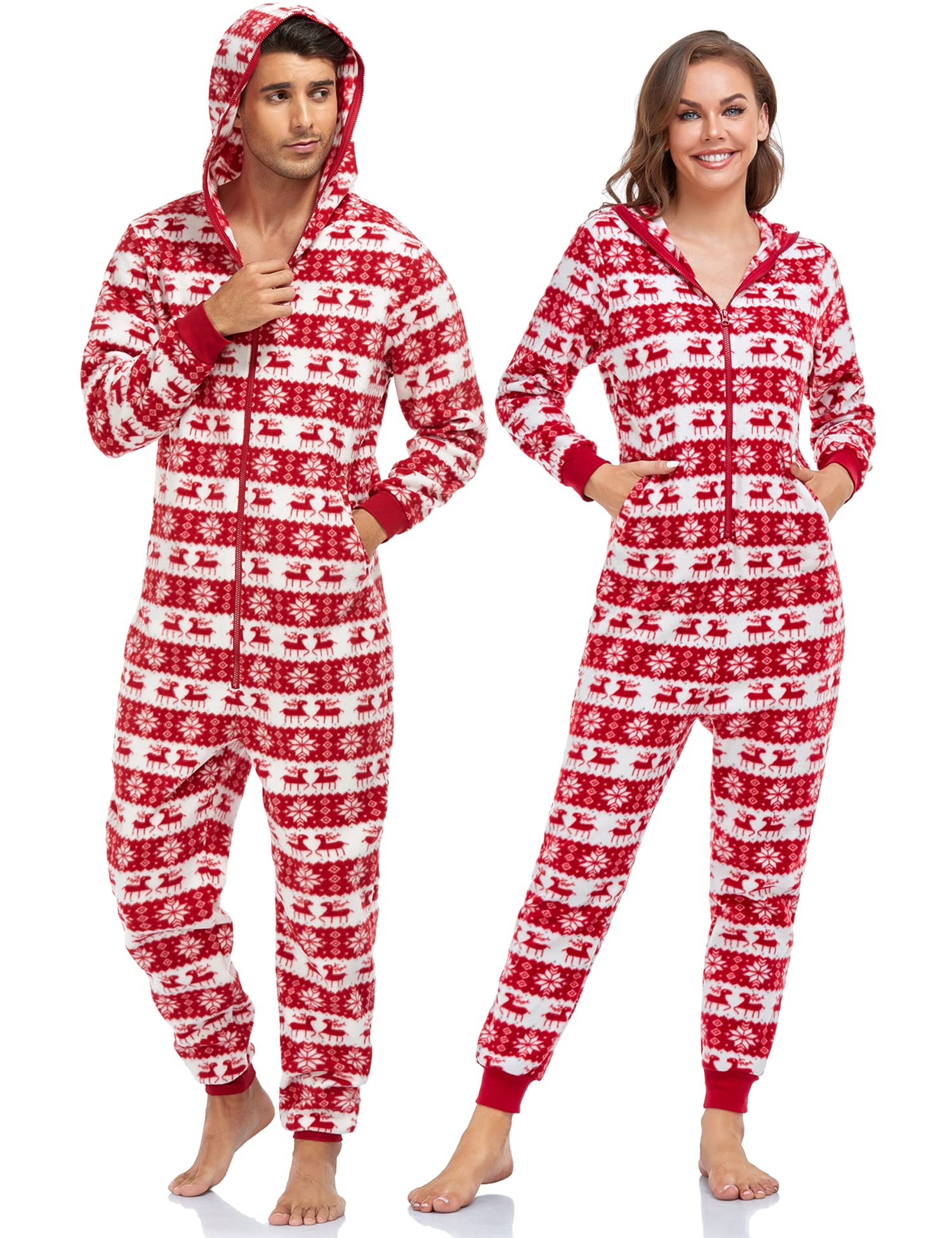 colorfulleaf Christmas Matching Onesies for Couples Hooded Pyjamas Jumpsuit Homewear Zip up Sleepwear with Pockets-picture-10
