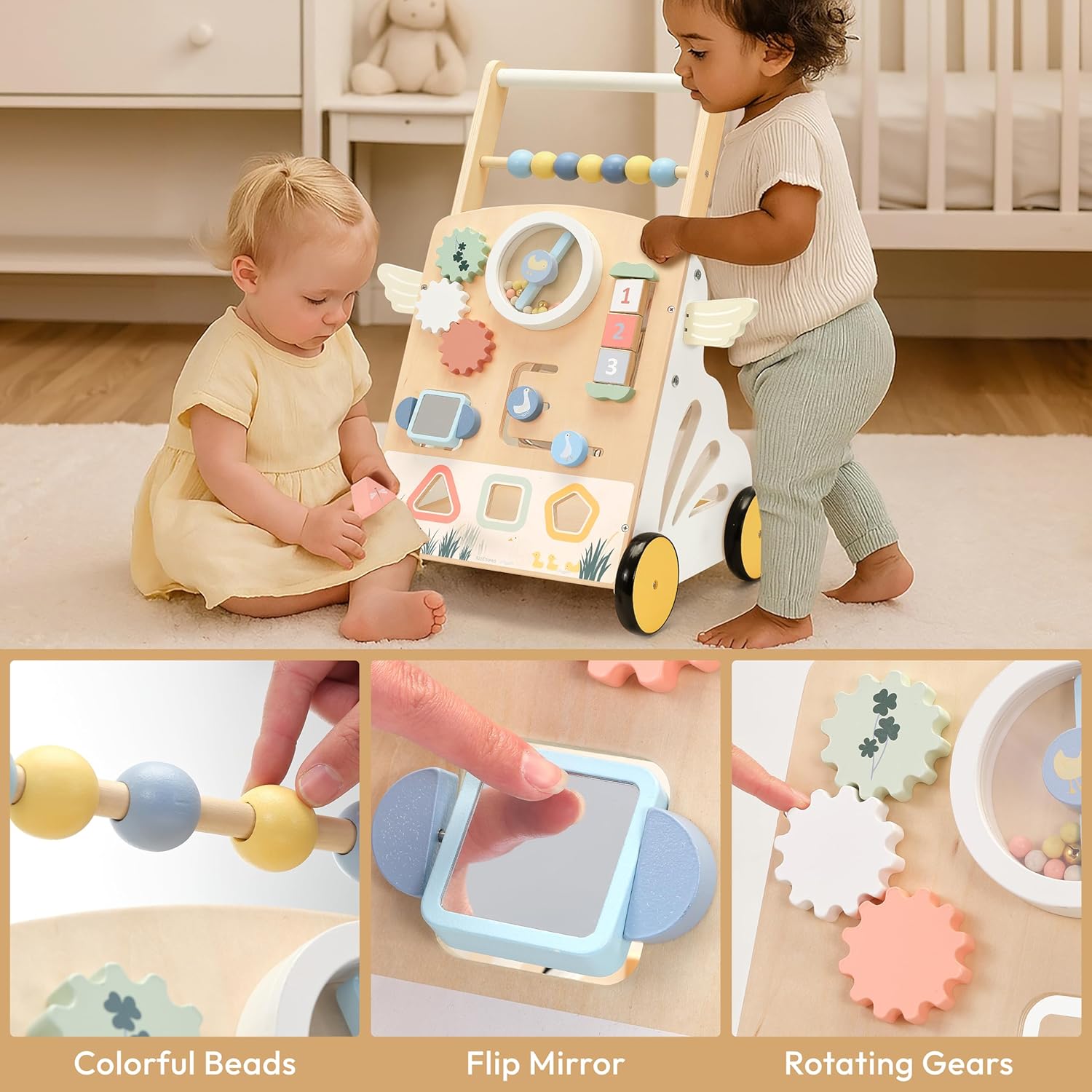 Wooden Baby Walker，Baby Push Walker, Montessori Walker for Babies 12 Months， Baby Sit-to-Stand Learning Walker Toys Gift for Boys and Girls