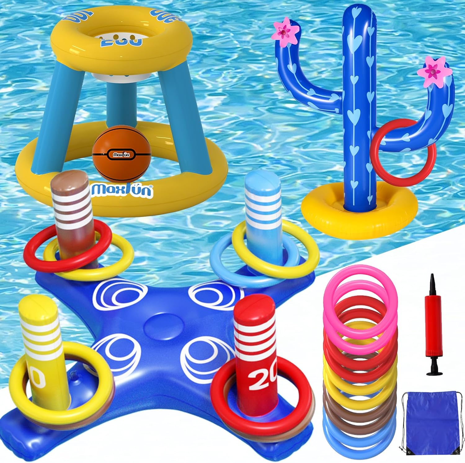 Max Fun Pool Toys Games Set, Inflatable Cross Ring Toss Games, Floating Pool Basketball Hoop, Inflatable Cactus Pool Floats for Kids Teens Adults Swimming Water Toys (3-Piece Set)