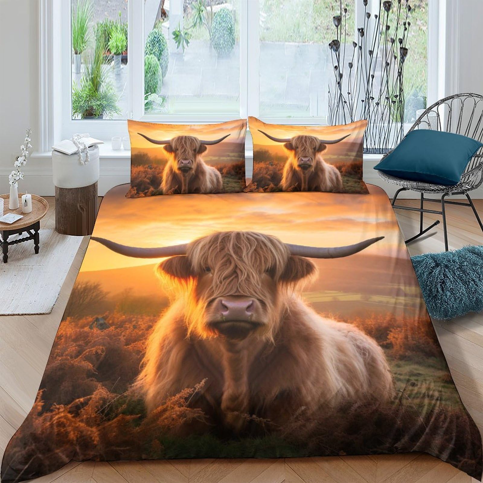 Ctjqhvkz Style-6 3D Printed Highland Cow Fitted Sheet Microfiber Soft Breathable Sunset Pasture Mattress Cover For Bedroom Dorm Decor Single（135X200cm）