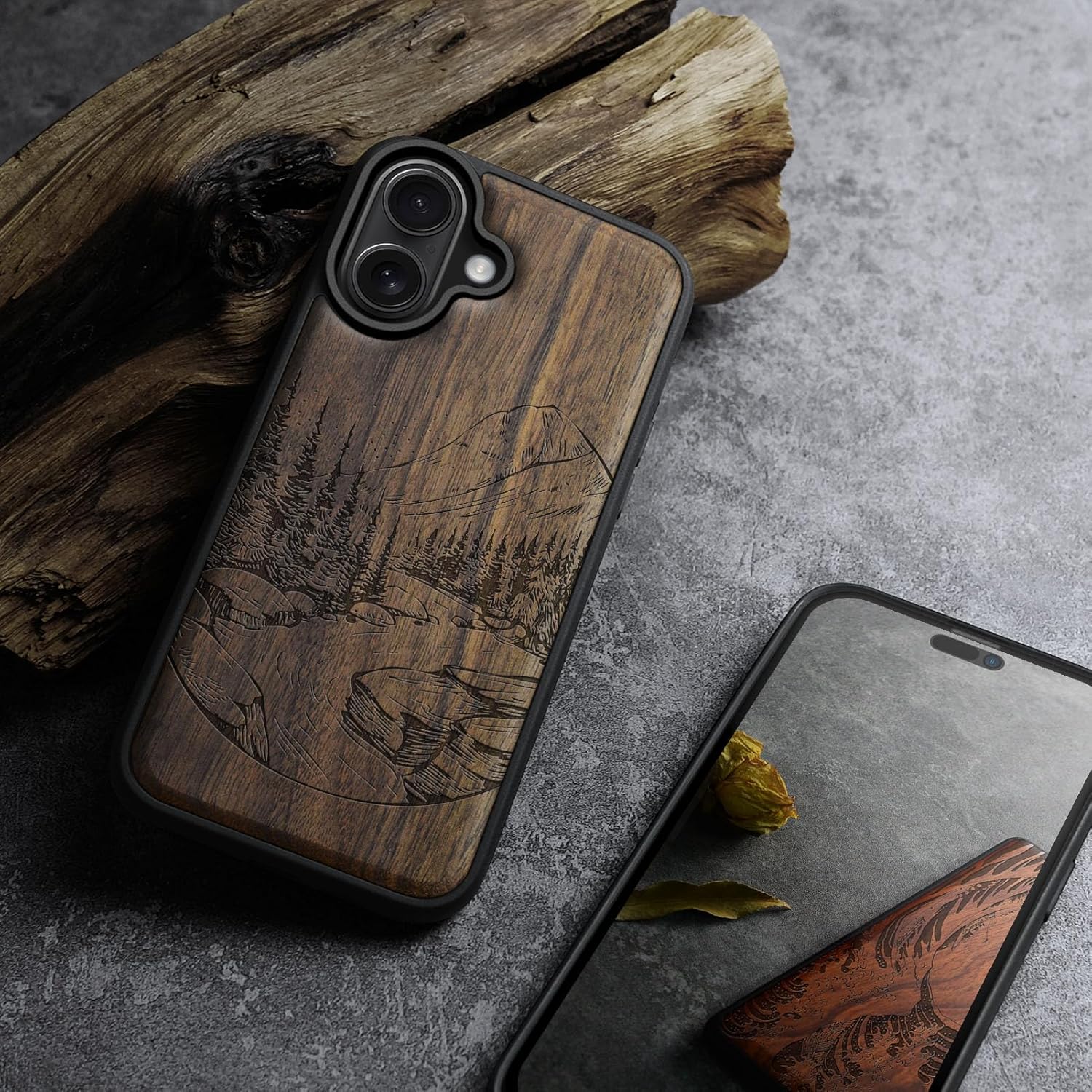Carveit Magnetic Wooden Case for iPhone 17 Case, Wood Artisan Engraved & Black Soft TPU Shockproof Cover, Compatible with MagSafe Wireless Chargers (The Lake and Mountain Landscape) Walnut