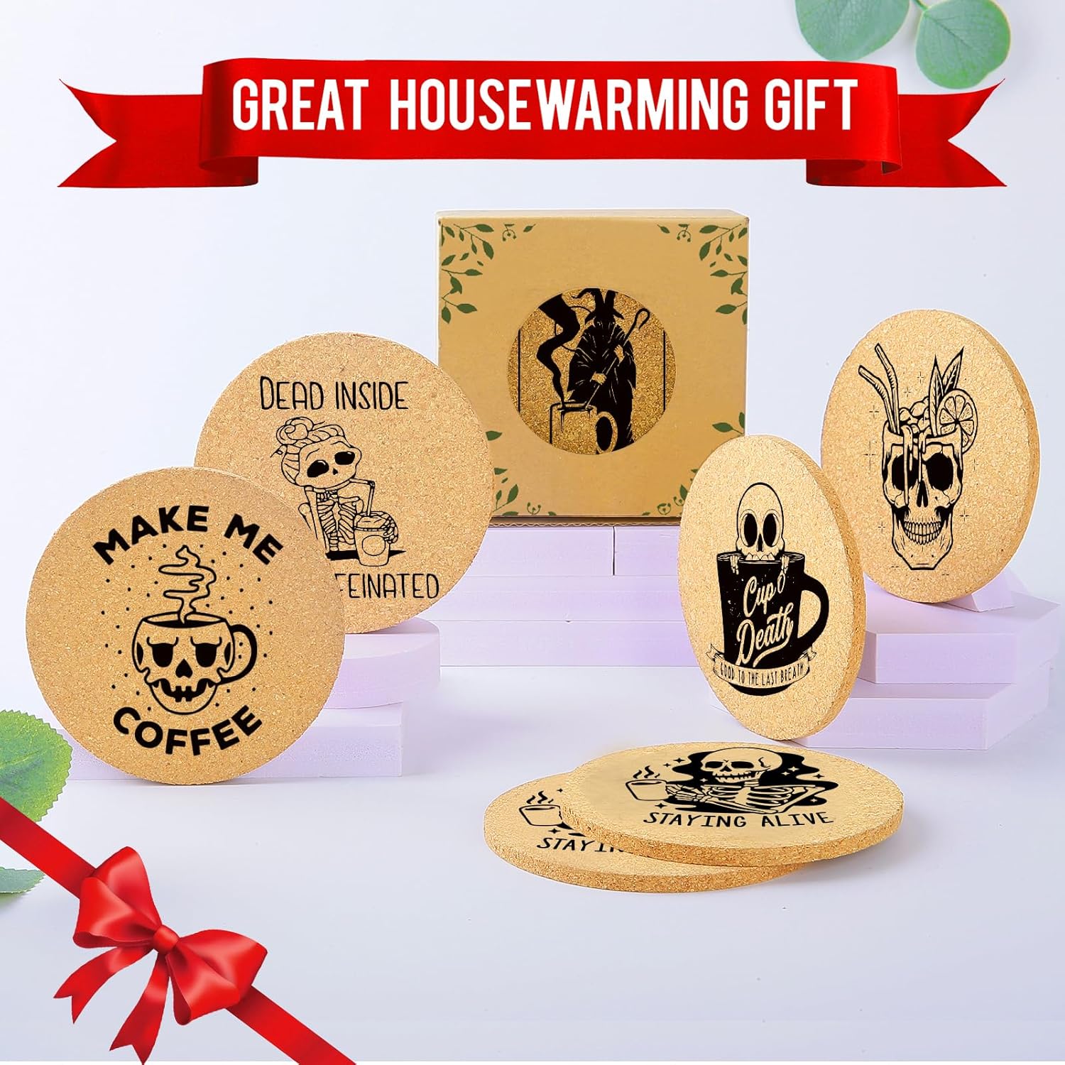 Coffee Coasters for Drinks with Holder Set of 6, Absorbent Cork Wood Coaster for Cup Desk Office Table Kitchen Decor House Warming Gifts for New Home Couples, Round 4" - Image 7