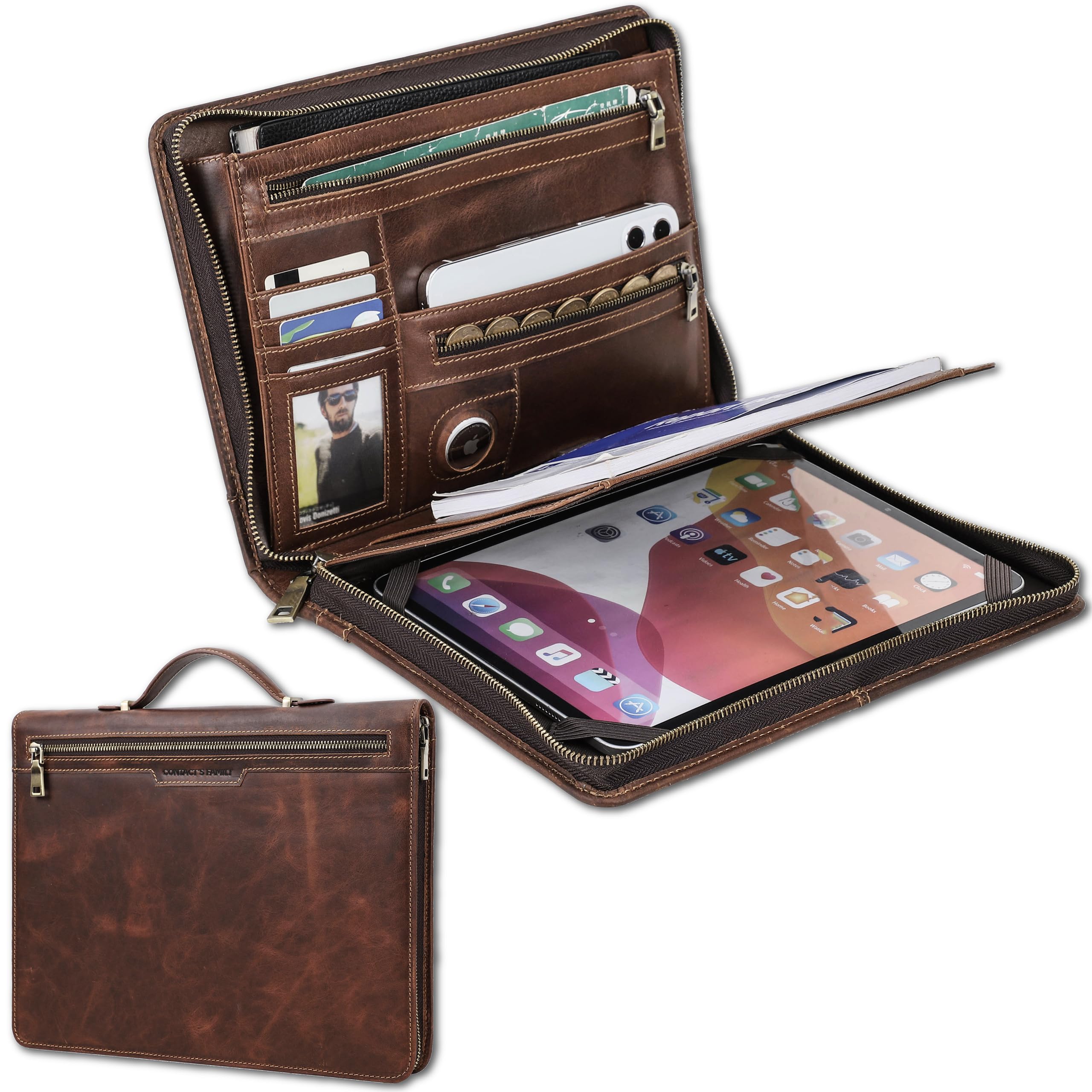 CataPurus Top Grain Leather 11" Strap Portfolio, Solid Retro Design, Handmade, Large Capacity Multi-Functional Business Zip Padfolio, Holder for Cards/iPad/Phone/AirTag/A5 Paper, Red Coffee 11 Inch