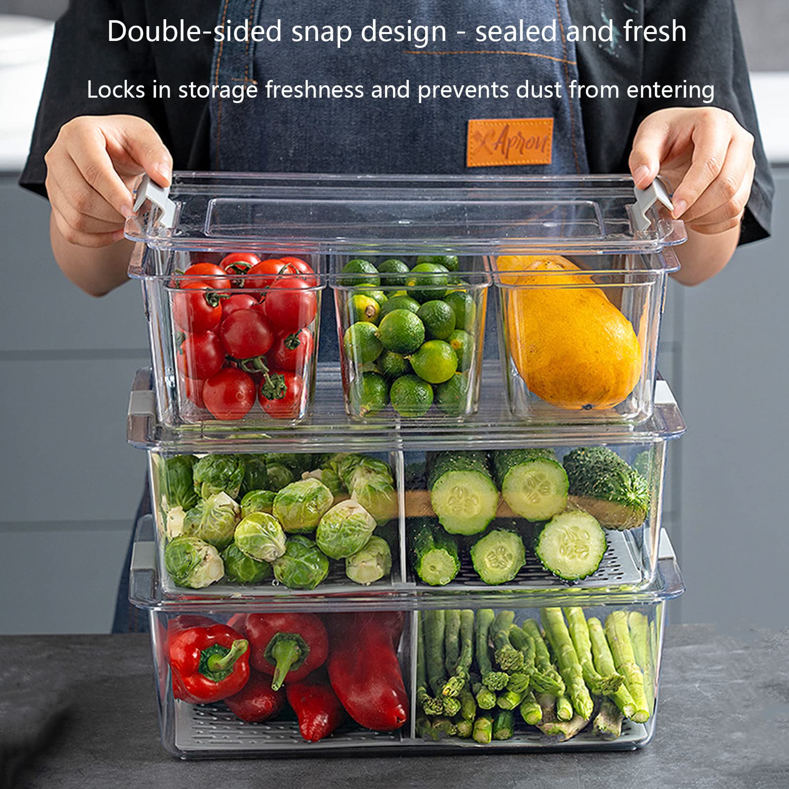 Contenitore per frigorifero - Con cestello di scarico - Organizer per frigorifero impilabile da cucina, Organizer sigillato con coperchio, Organizer per frigorifero con cassetto estraibile (Dimensio