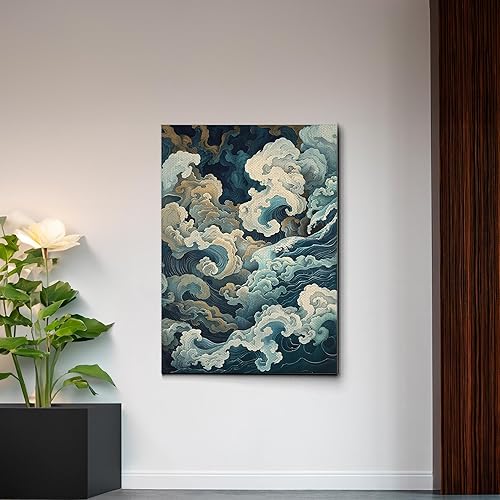 Miniatura 6 de Canvas Print Canvas Framed Canvas Wall Art Wood Panel Retro Wave Art A Storm Wall Art Print Sea Wave In The Night And Trees Stormy Waves Art Decor
