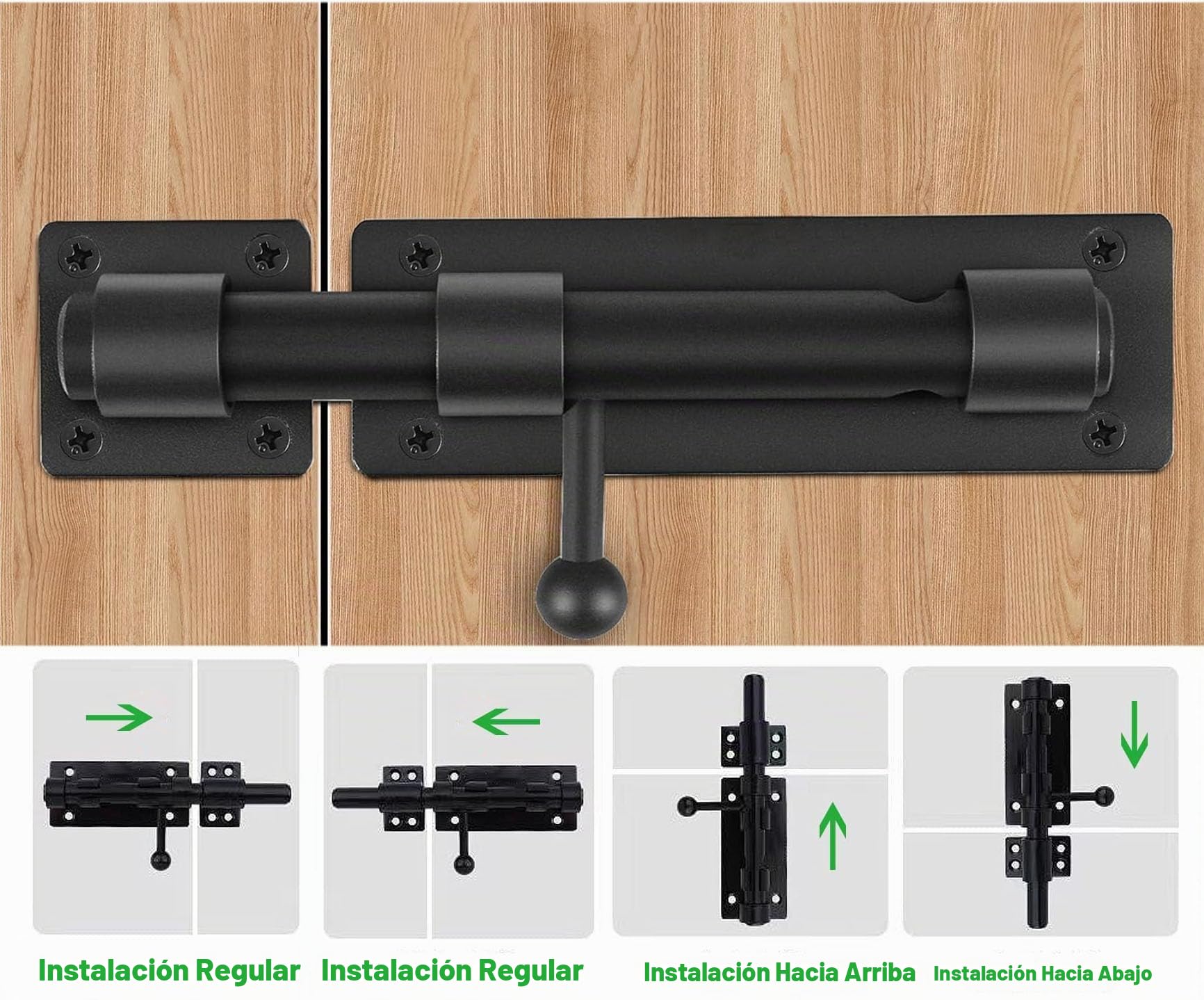 Cerradura de seguridad para puerta deslizante resistente con agujero para candado, Pestillo Puerta, Cerrojo Puerta Interior Cierre Puerta acero inoxidable 304 negro mate (8 Inch (200mm))