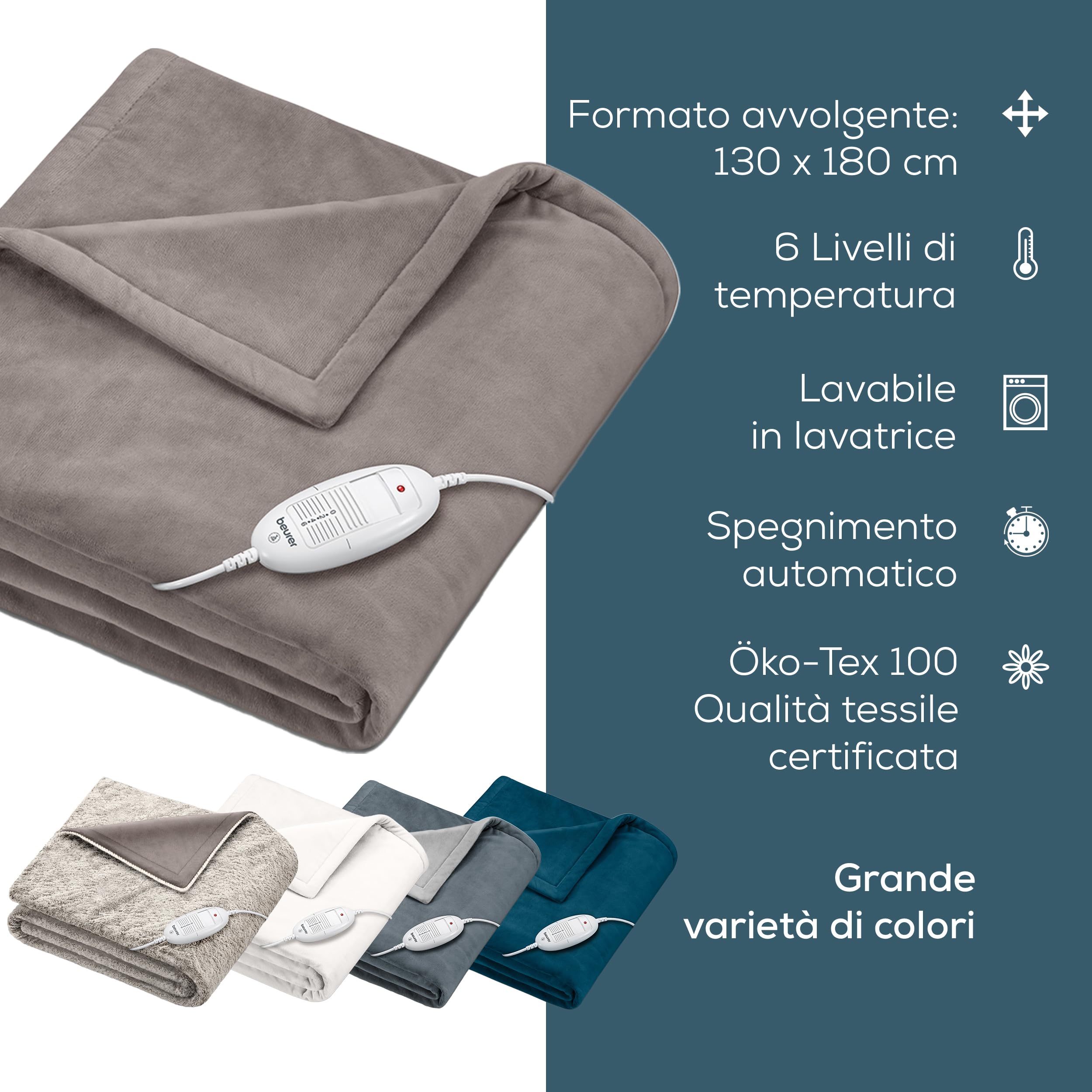 Beurer HD 75 Cosy Coperta Elettrica con Dispositivo di Termoregolazione Elettronico, 6 livelli di temperatura e spegnimento automatico dopo 3h, colore Taupe