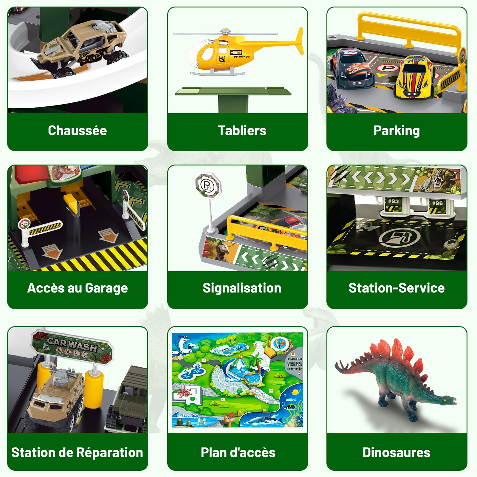 BuzzoXerex 5 Etages Garage pour Enfants, Piste de Course avec 14 Voitures et 2 Hélicoptère, Jouet Garage Voiture avec Ascenseur Electrique Circuit, Cadeaux pour Enfants 5 6 7 8 9 Ans (Dinosaure)