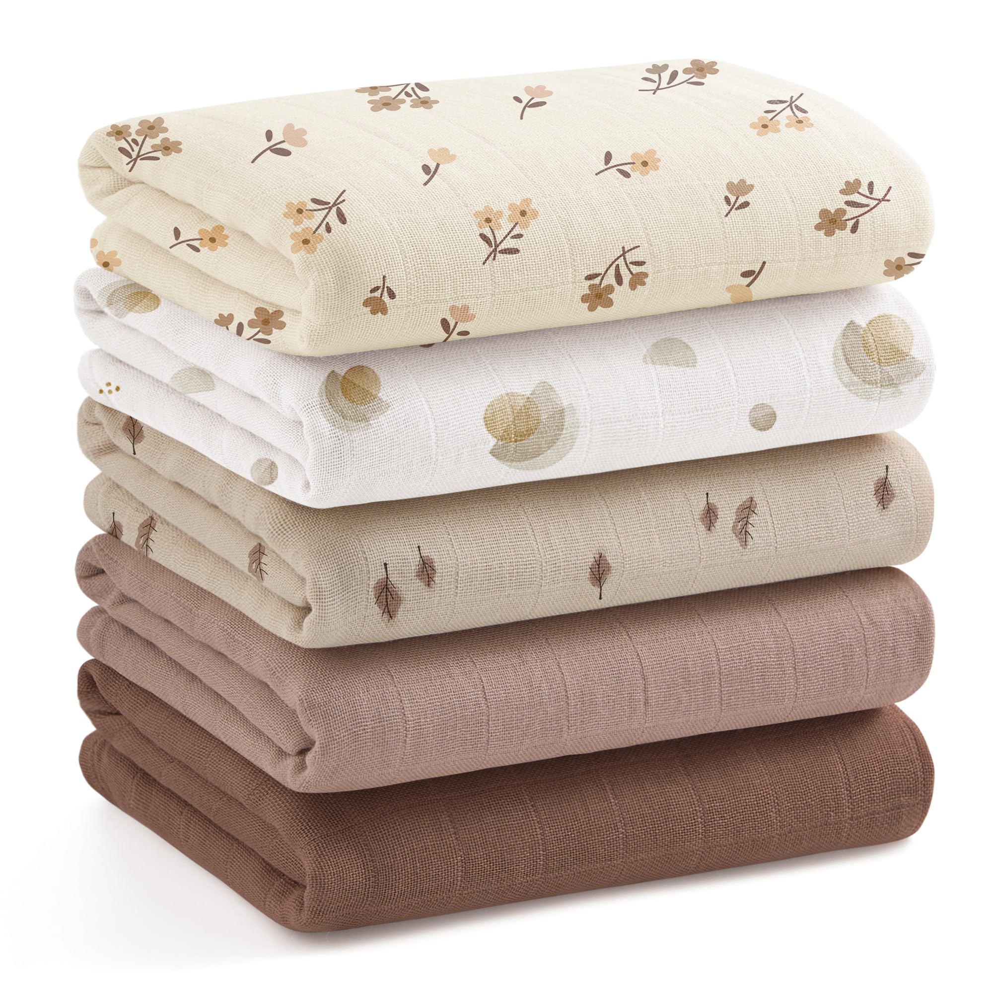 bearmoss Muslin Squares Cloths Breathable Baby Burp Cloth 60x60CM Ultra Soft Baby Face Washcloths for Newborn Baby Boy and Girl, 5Pack (Leaves)