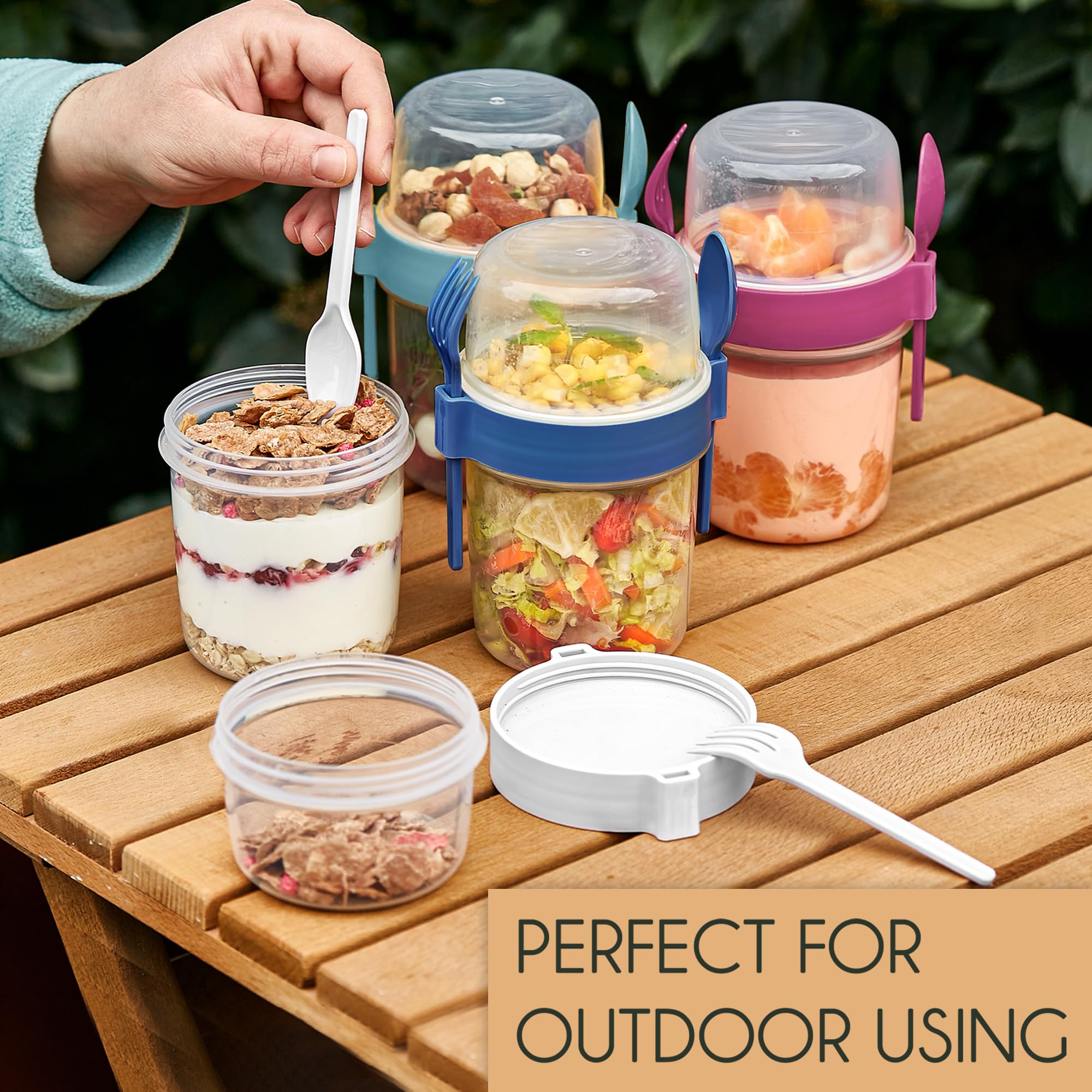 CRYSTALIA Take and Go - Set di 4 vasetti per yogurt senza BPA, con cucchiaio e forchetta, avena notturna, lavabili in lavastoviglie, per muesli da asporto, per macedonia di frutta, con coperchio