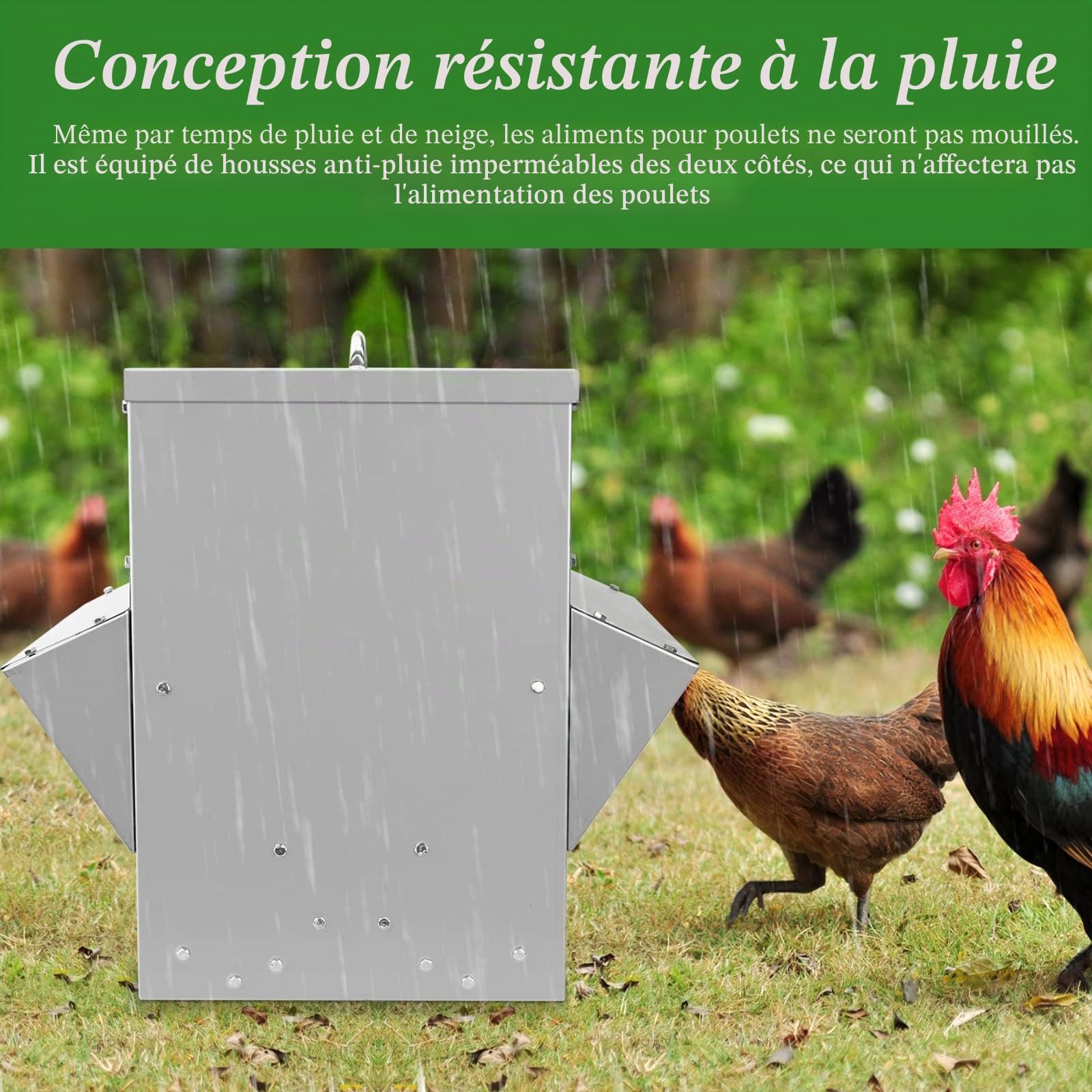 Mangeoire à Poule Automatique 25KG en Acier, Distributeur Graines Poules | Agrainoir Automatique, Anti Pluie, Anti Gaspillage, Accessoire Poulailler
