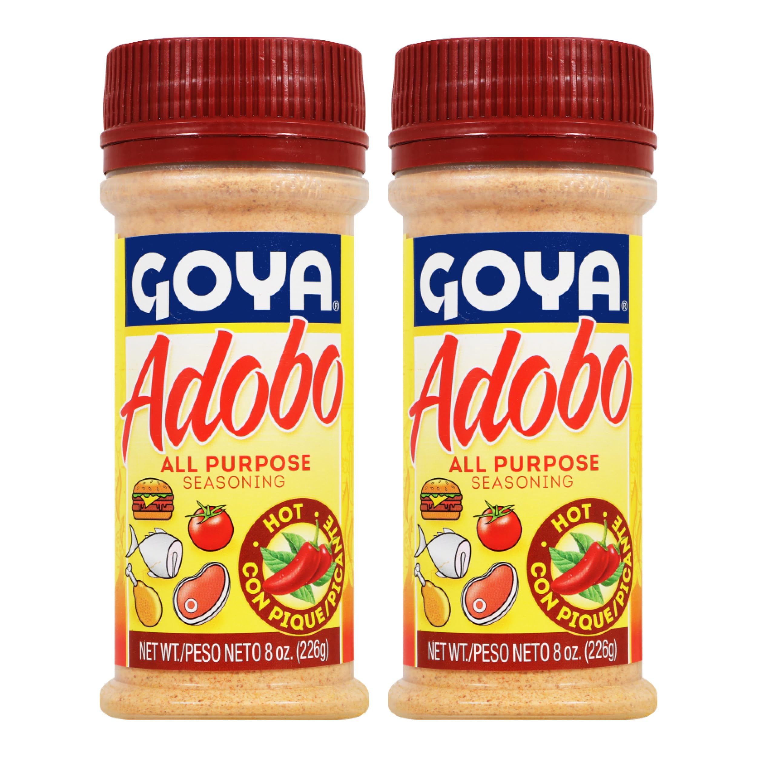 Adobo Hot All Purpose Spice by Goya, Poultry, Seafood, Meat, and Vegetable Seasoning, Latin Spicy Blend, Mexican Seasoning, Pack of 2, 8oz. Bottle