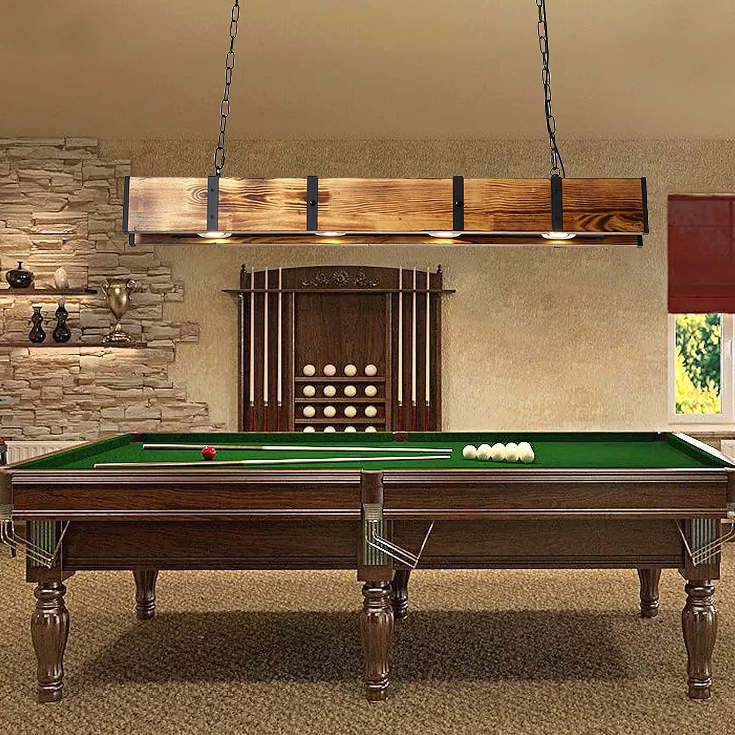 Lampada a Sospensione lineare a LED in Legno da 39", Isola Cucina, 4 luci, Stile Rustico, Fattoria, Vintage, Industriale, lampadario a Sospensione per Sala da Pranzo, Tavolo da bil