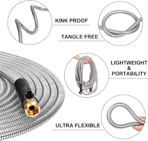 Miniatura 3 de Manguera de jardín de metal de 75 pies  Manguera de acero inoxidable 304 flexible, ligera, resistente con boquilla libre de 10 vías  Accesorios