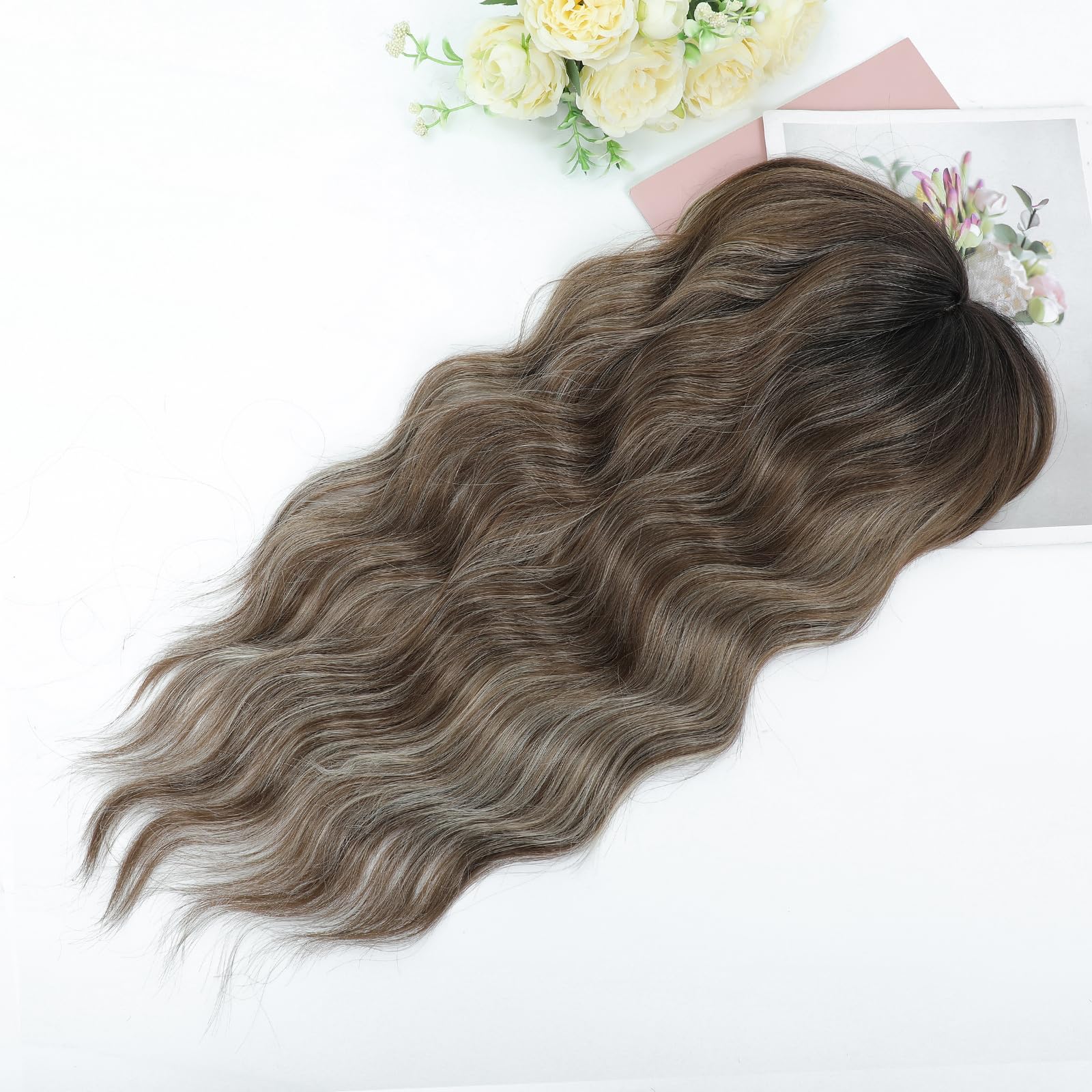 Lasunork Hair Toppers for Women Wavy Curly Hair Topper Hand-Tied Lace Clip in Fringe (Ombre Brown with Blonde Highlights) - Image 4