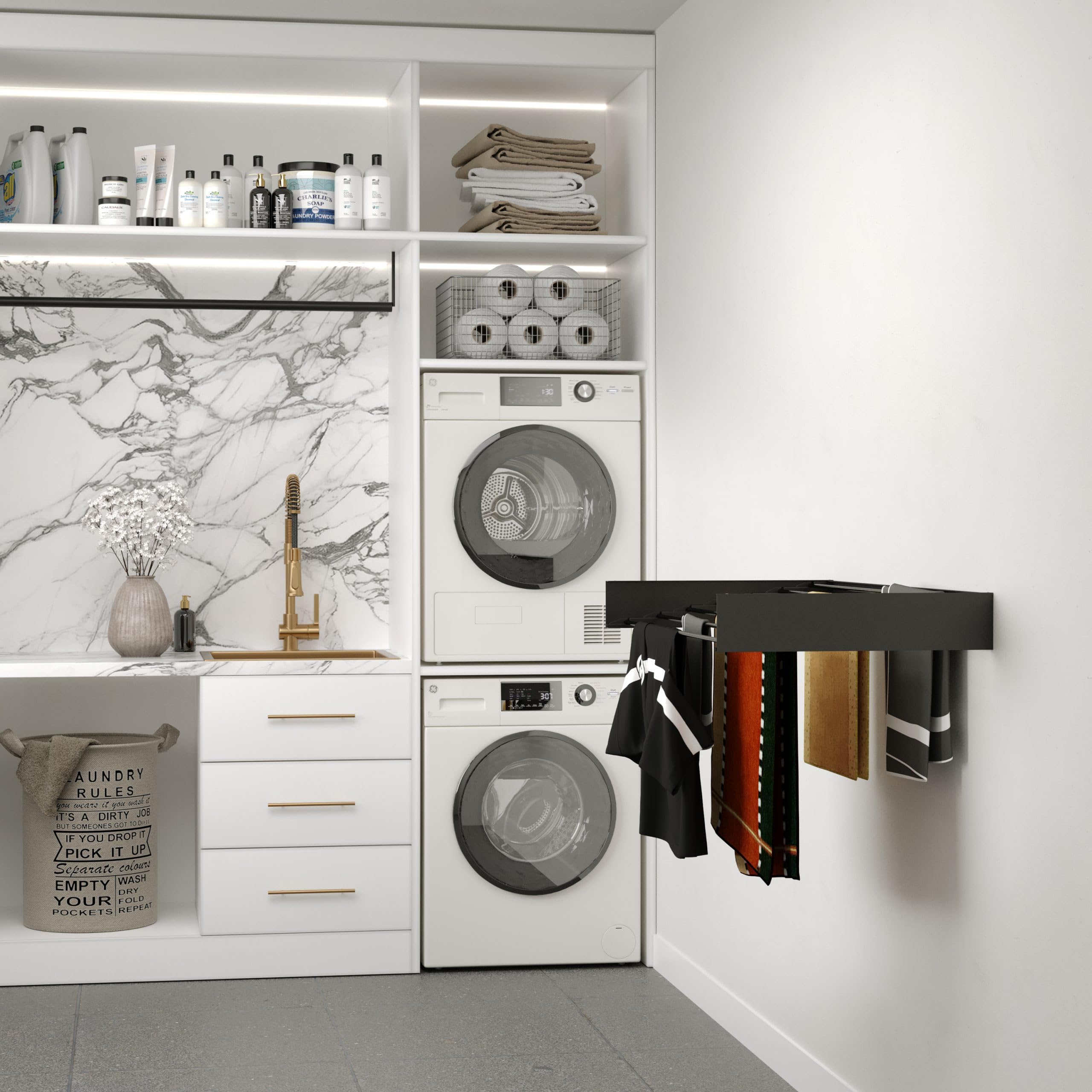 Wäscheständer Ausziehbar - Wandmontage, 8,4m Trockenlänge, Klappbarer Wäschetrockner 120cm, Schwarz, Robust & Platzsparend, Ideal für Innen- und Außenbereich