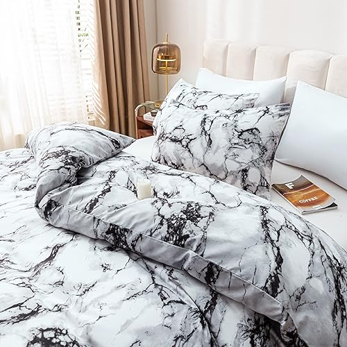 Miniatura 5 de Smoofy Queen Marble White Comforter Set, White Marble Pattern Printed Soft Fabric with Brushed Microfiber Full Bed Sheets Fill Bedding Sets(1