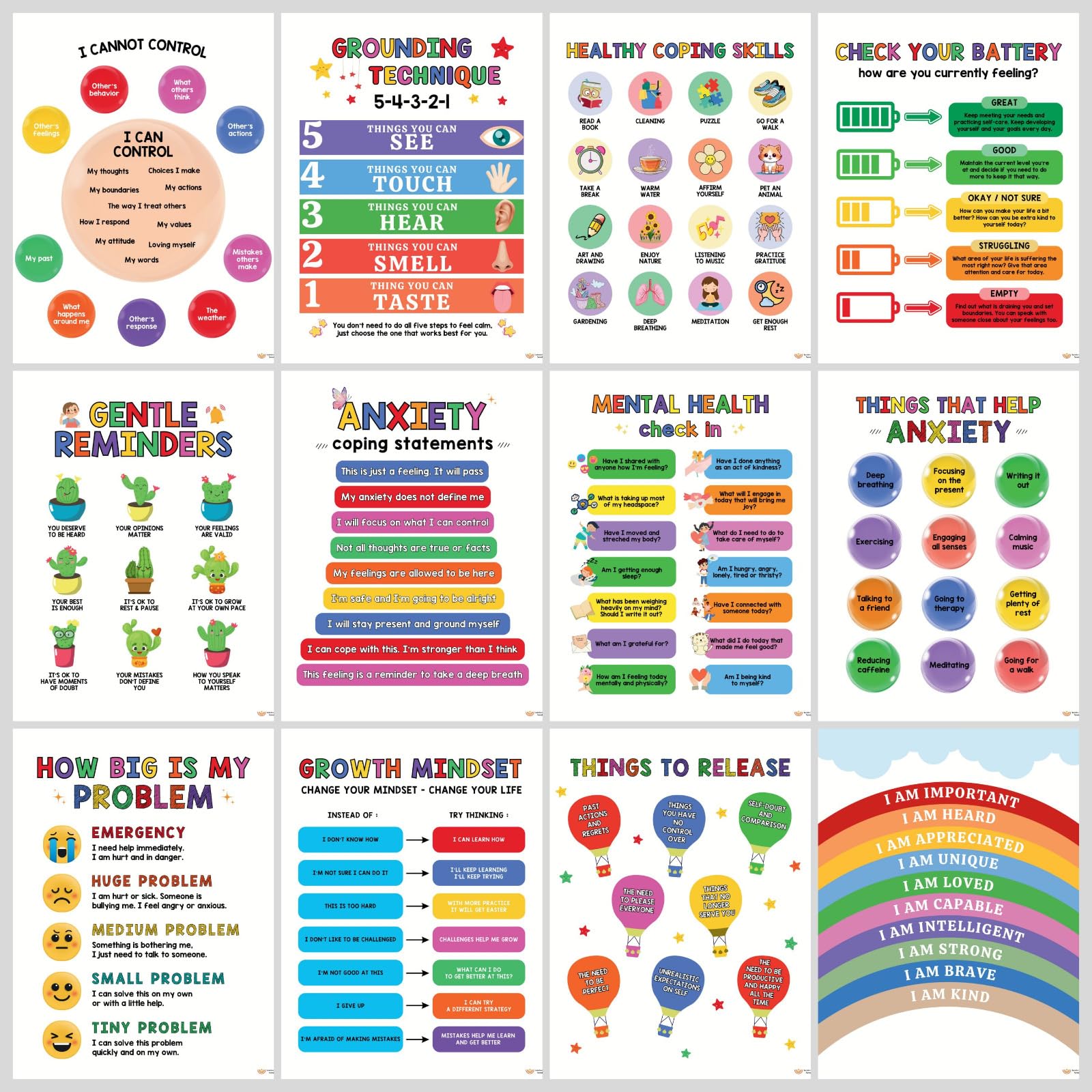 INTELLECTUAL NEEDS 12 Mental Health Posters for Kids, School Counseling Must Haves, Therapy Office Decor, Growth Mindset Motivational Wall Decor, 8"x10" Size Positive Affirmation Poster for Classroom