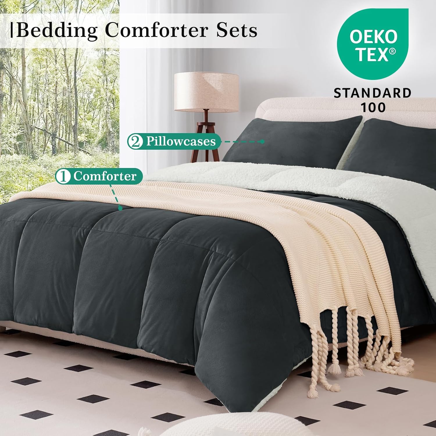 MERITLIFE Fluffy Sherpa Queen Size Bedding Comforter Sets Queen Comforter Set-3 Pieces Bed in a Bag Dark Grey Soft Comforter and Pillowcase Luxury Warm Bedding Set for Winter