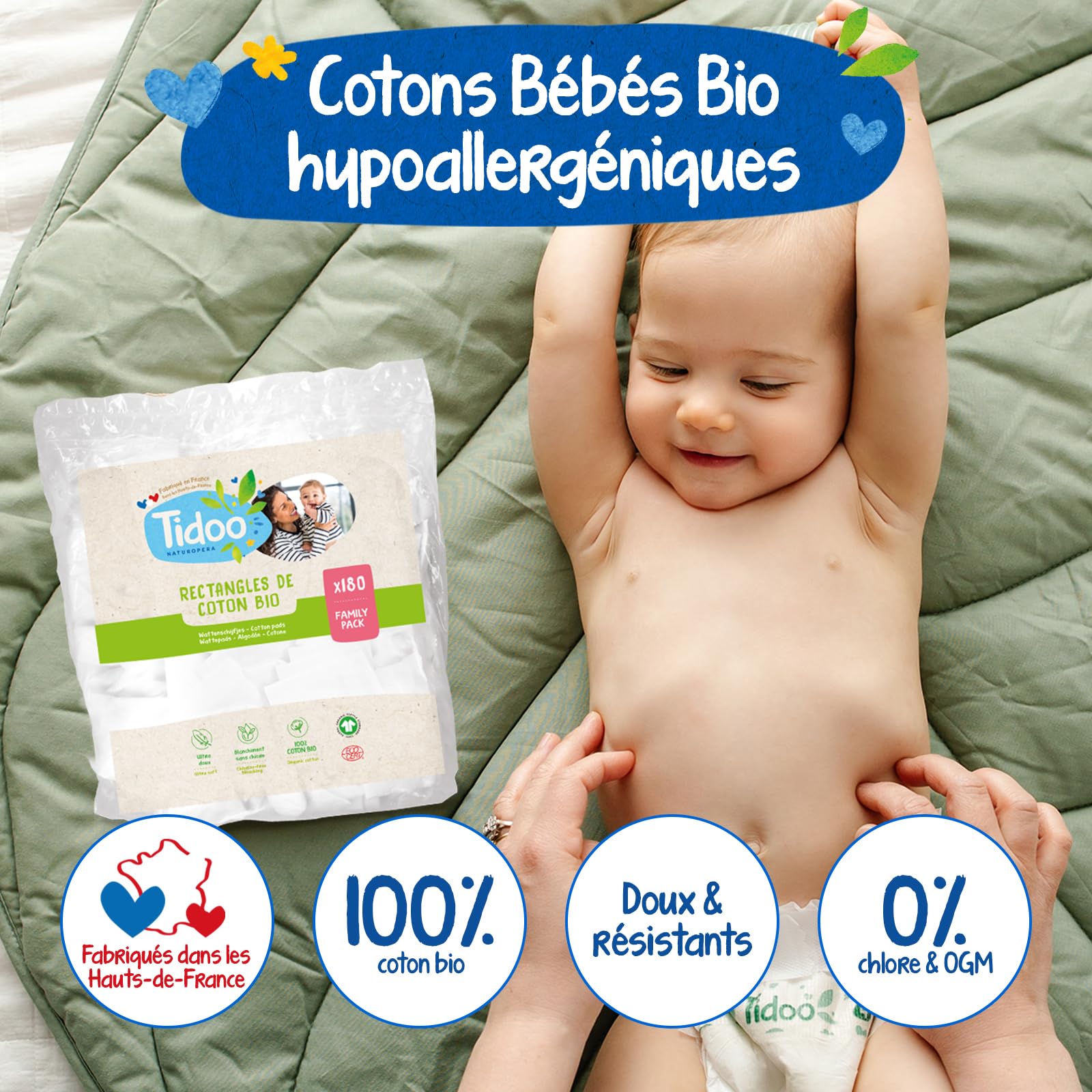 Tidoo - 1080 Coton Pads Bébé 100% Bio - Ultra Doux pour Peaux Sensibles - Change & Toilette - Fabriqués en France