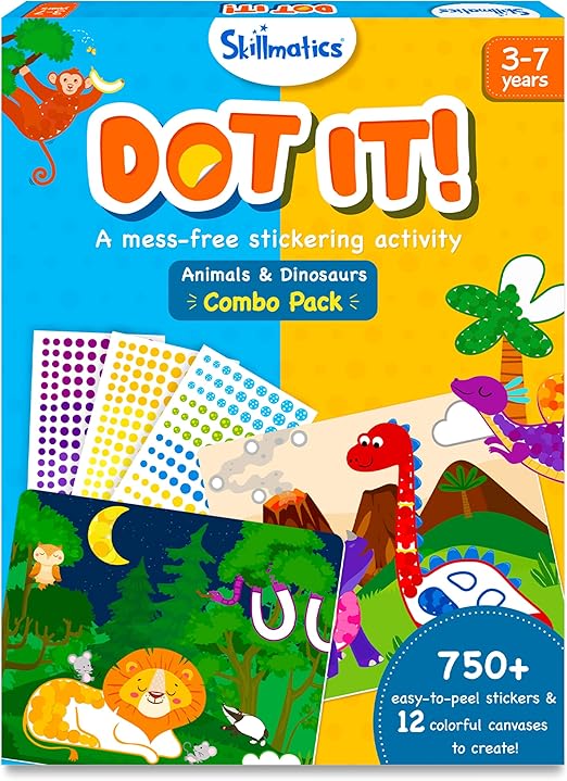 Skillmatics Dot It Sticker Art - Animals & Dinosaurs Combo, Mess-Free Fun for Kids, 750+ Stickers, Craft Kits, DIY Scrapbooking Activity, Travel Toys, Gifts for Ages 3, 4, 5, 6, 7